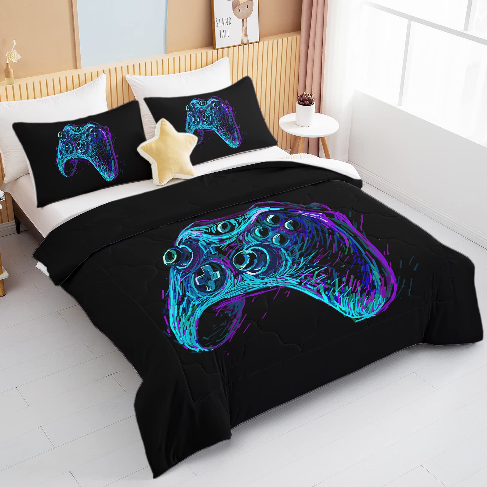 BEDMUST Black Boys Gaming Comforter Set - Twin Size Game Controller Print Bedding with 1 Comforter & 2 Pillow Shams - Soft & Comfortable for Teen Gamers - Perfect for Gaming Rooms & Sleepovers