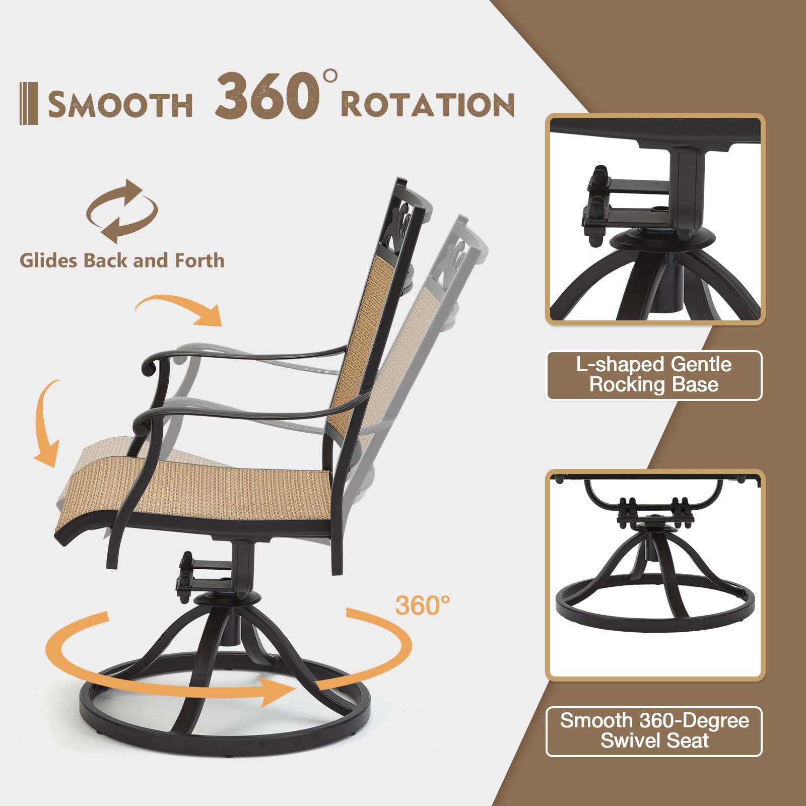 EROMMY 2-Piece Patio Swivel Chair Set - All-Weather Cast Aluminum Outdoor Sling Dining Chairs with 360° Swivel Base - Comfortable Rocking Chairs for Backyard, Garden, Deck, Porch & Balcony - Perfect for Outdoor Dining, Relaxing & Entertaining (Brown)