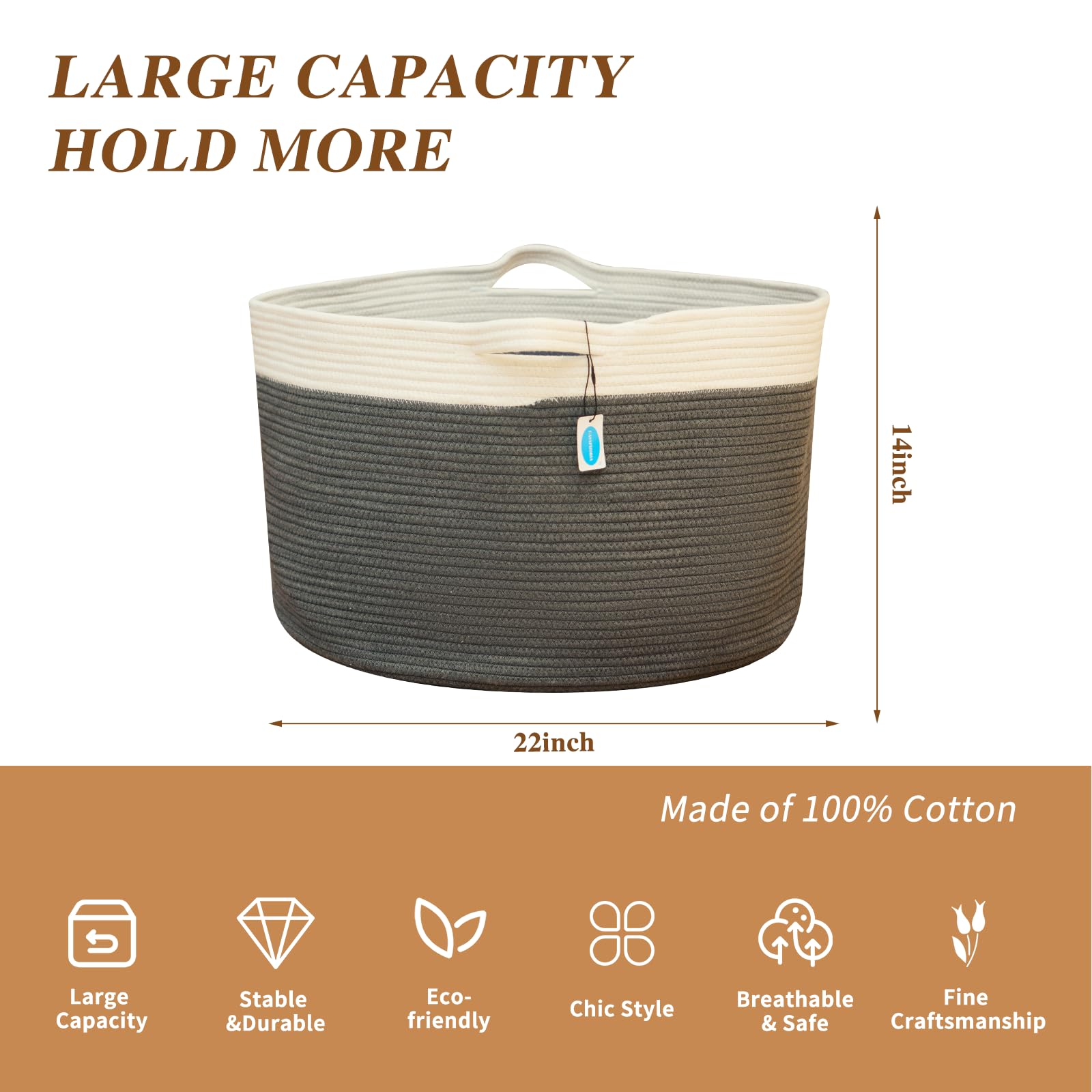 Casaphoria 22x14in Woven Storage Basket - Laundry Hamper, Blanket Organizer & Clothes Bin with Handles for Living Room, Bedroom, Nursery - White & Grey Home Decor Storage Solution for Blankets, Toys & Laundry