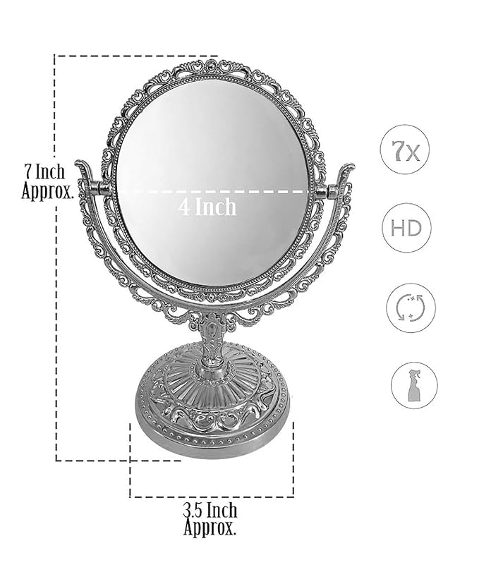 Antique Silver Double-Sided Vanity Mirror for Shaving & Makeup - Round Tabletop Cosmetic Mirror with Stand - Perfect for Bathroom, Bedroom & Dressing Room (1pc, Silver)