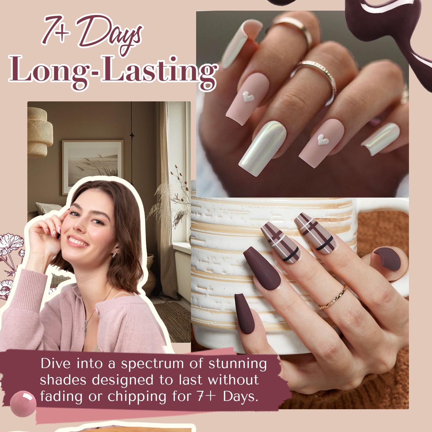 AZUREBEAUTY Vegan Nail Polish Set - 4 Colors (Brown, Pink, Glitter) Quick Dry Natural Nail Lacquer with Strengthening Treatment & Top Coat Kit for DIY Salon & Home Manicure | Perfect for Everyday Wear, Parties & Special Occasions