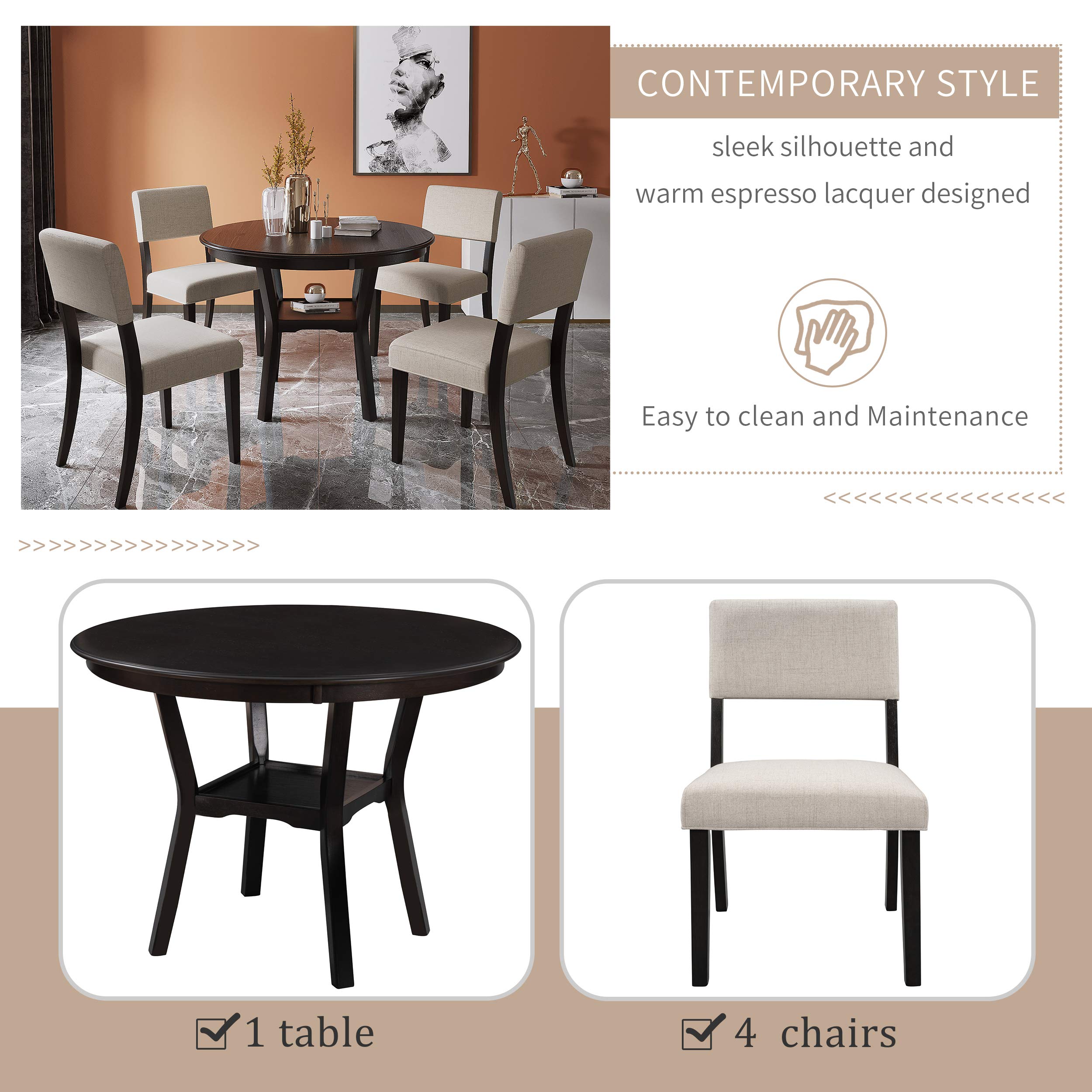 **Merax 5-Piece Farmhouse Dining Table Set with 4 Upholstered Chairs & Storage Shelf - Espresso Finish for Kitchen, Dining Room, Small Spaces | Perfect for Family Meals & Entertaining Guests**