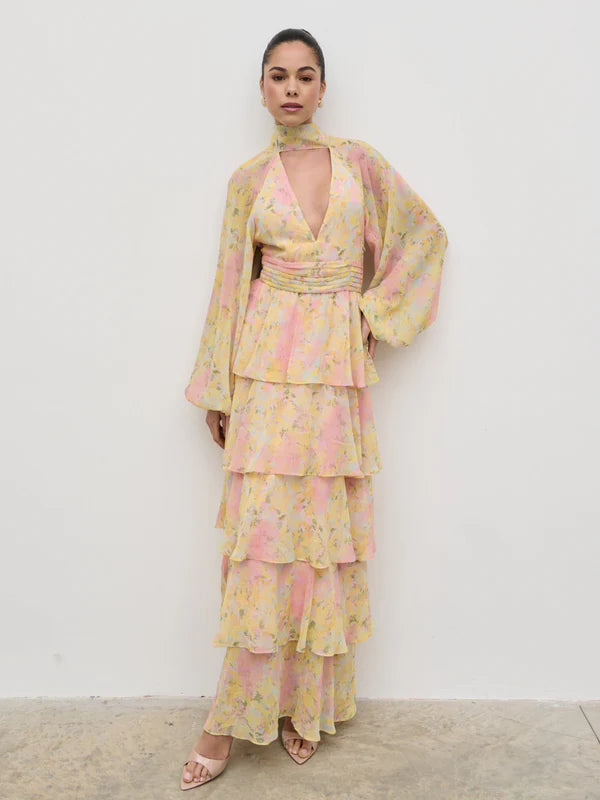 Anya Ruffle Maxi Dress - Pastel Floral Print Summer Dress for Women | Beach Wedding, Vacation, Date Night Outfit