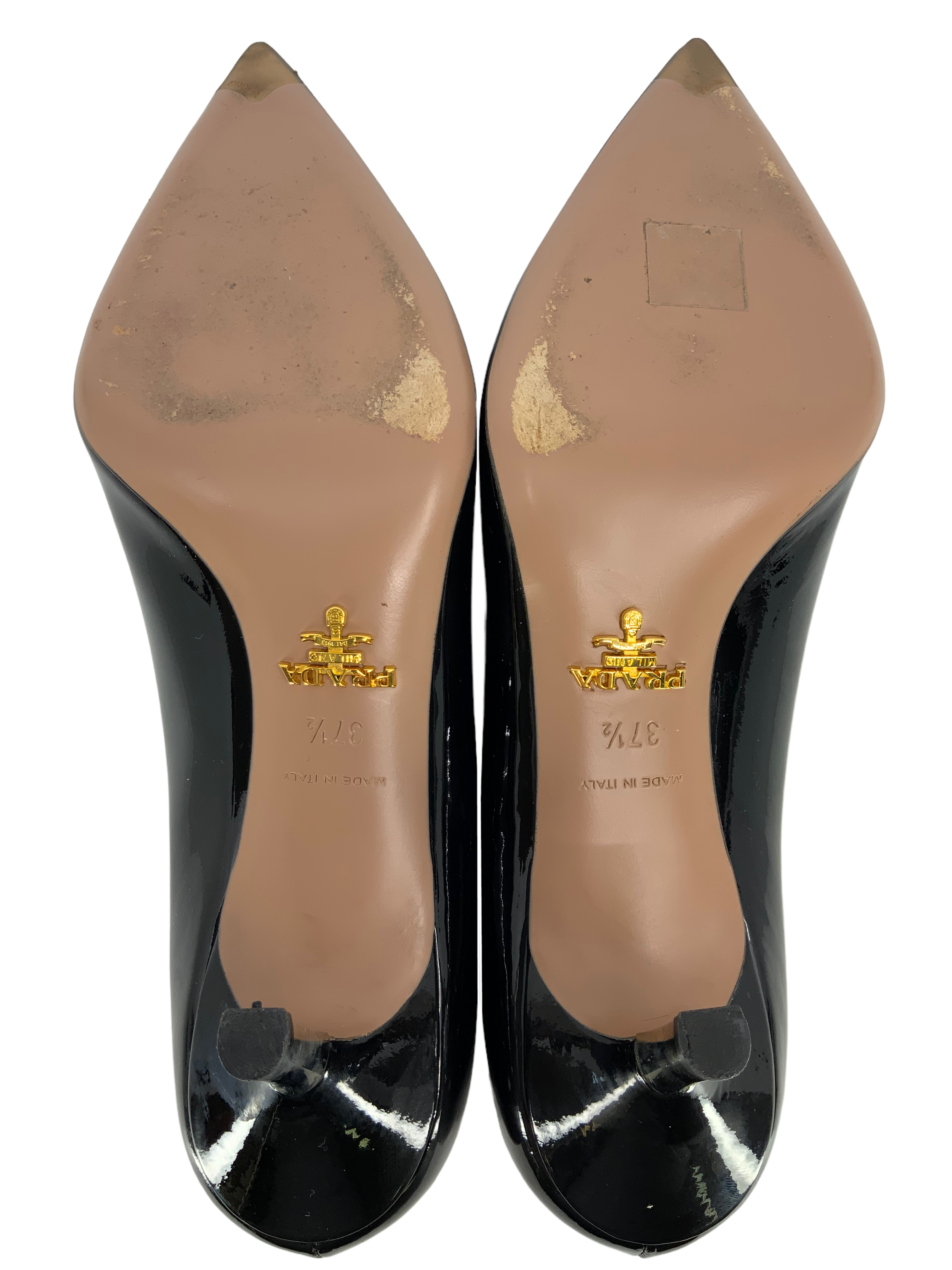 PRADA Women's Patent Leather Pointed Toe Pumps with Metal Heel - Size 7.5 | Luxury High Heels for Office, Party & Formal Events