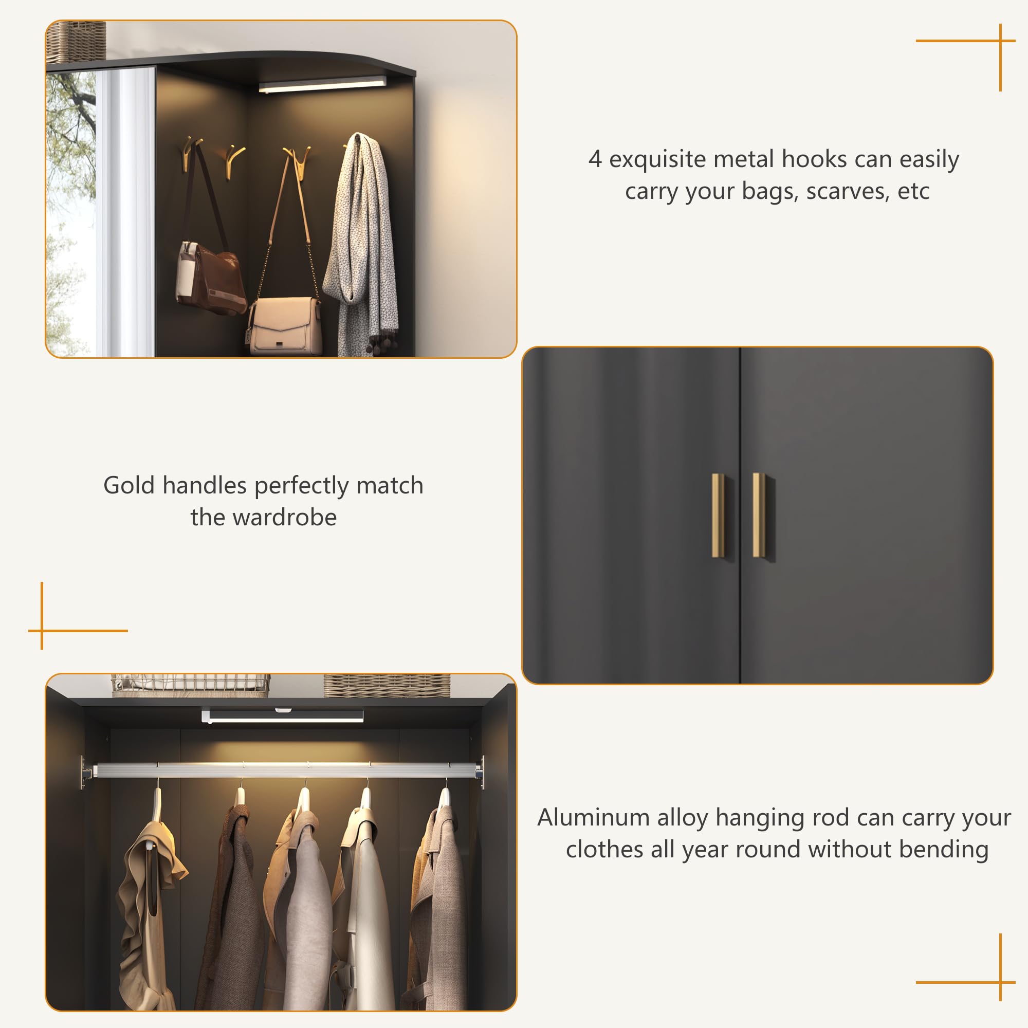 Modern XVD 5-Door Armoire Wardrobe Closet with Mirror, Sensor Light & Storage - Large Wooden Bedroom Closet with 2 Drawers, Shelves, 4 Hooks & 2 Hanging Rods - Perfect for Bedroom, Guest Room or Walk-in Closet Organization (Black)