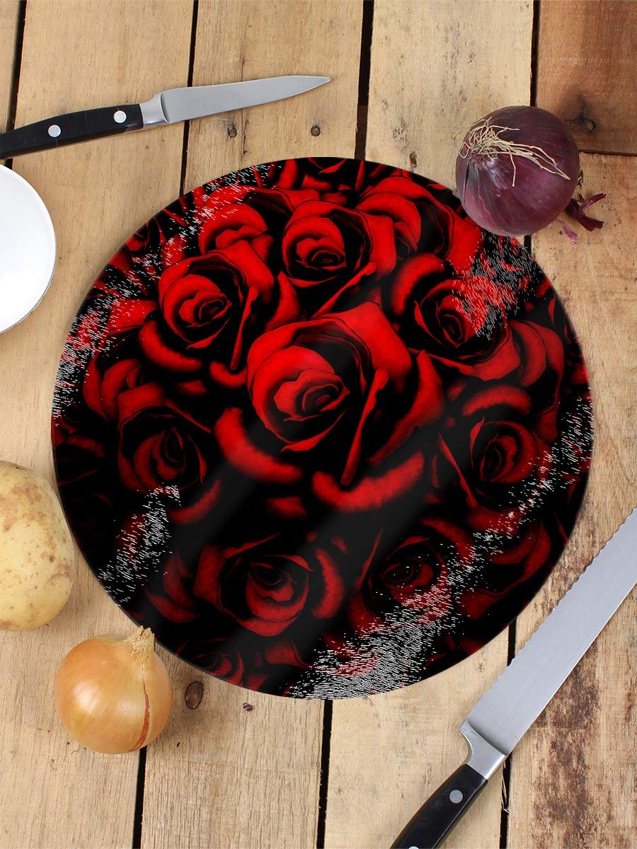 Premium Red Roses Circular Glass Cutting Board - Non-Slip Kitchen Chopping Board for Fruits, Vegetables, and Cheese - Perfect for Food Prep, Serving, and Home Decor