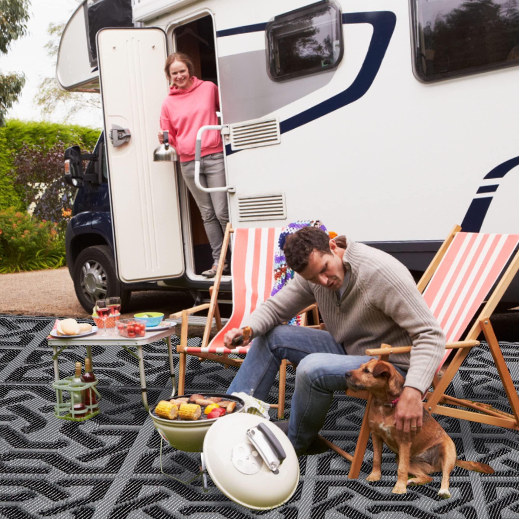 Reversible Outdoor Patio Rugs - 9'x12' Plastic Straw Floor Mat for RV, Deck, Backyard, Camping & Trailer - Modern Chain Black & Grey Design - Waterproof & Durable for All Weather Use