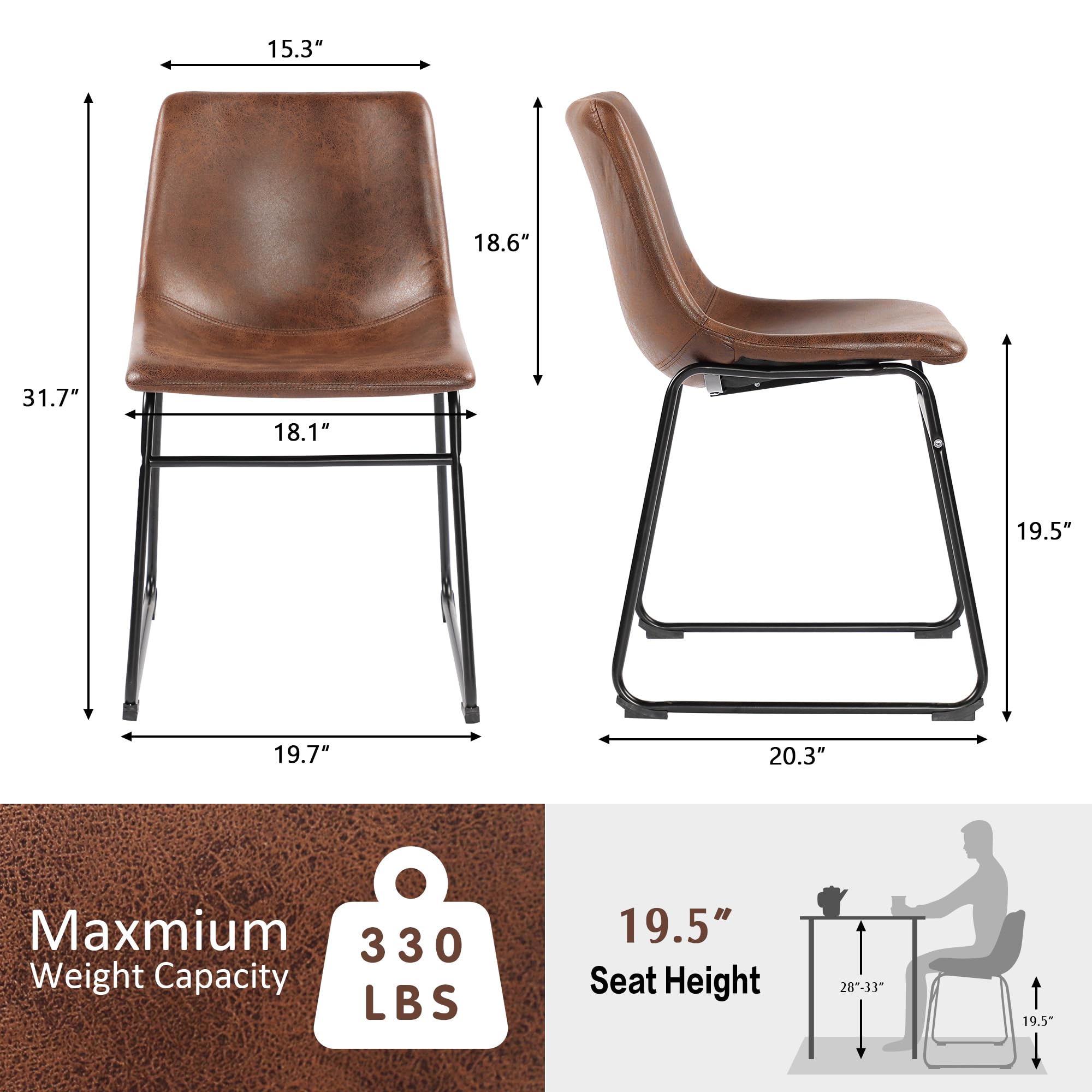 Mid Century Modern Dining Chairs Set of 2 - Dark Brown Suede Upholstered Armless Kitchen Chairs with Metal Legs - Perfect for Dining Room, Kitchen, and Small Space Decor