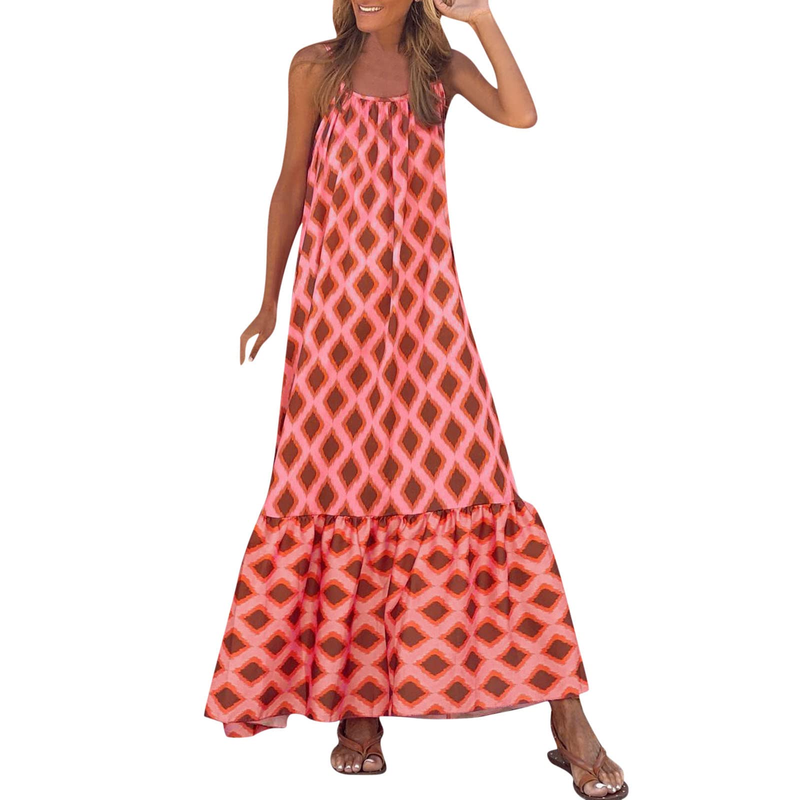 iOPQO Women's Maxi Long Dress - Red Sleeveless Geometric Print Summer Dress with Boat Neck (XXL) | Perfect for Beach Vacations, Date Nights & Summer Parties