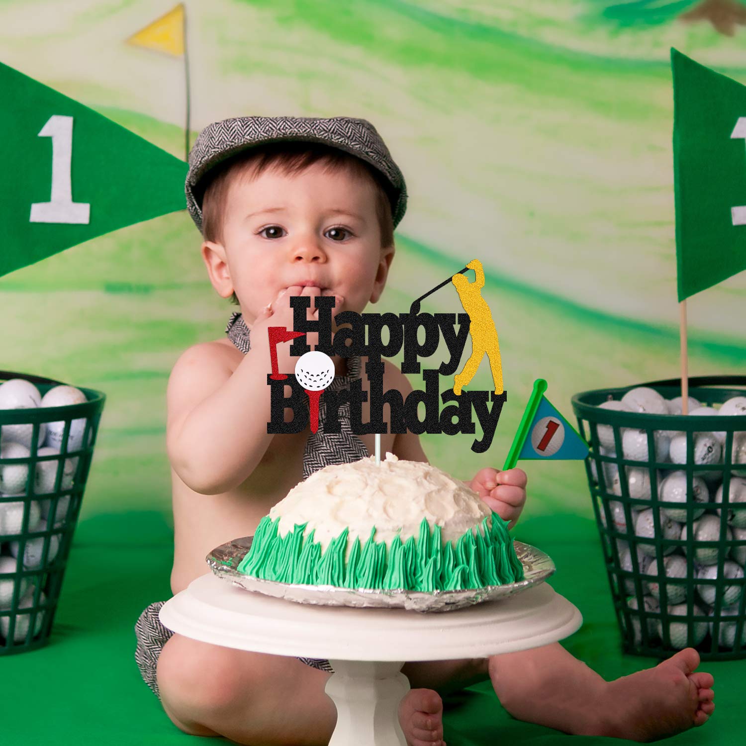 Golf Cake Topper - Happy Birthday Sign with Golf Ball Player Design for Sports Theme Parties | Double Sided Black Sparkle Decor for Men, Women & Kids Birthday Cakes | Perfect for Golf Lover's Birthday Celebration, Retirement Party & Sports Themed Events