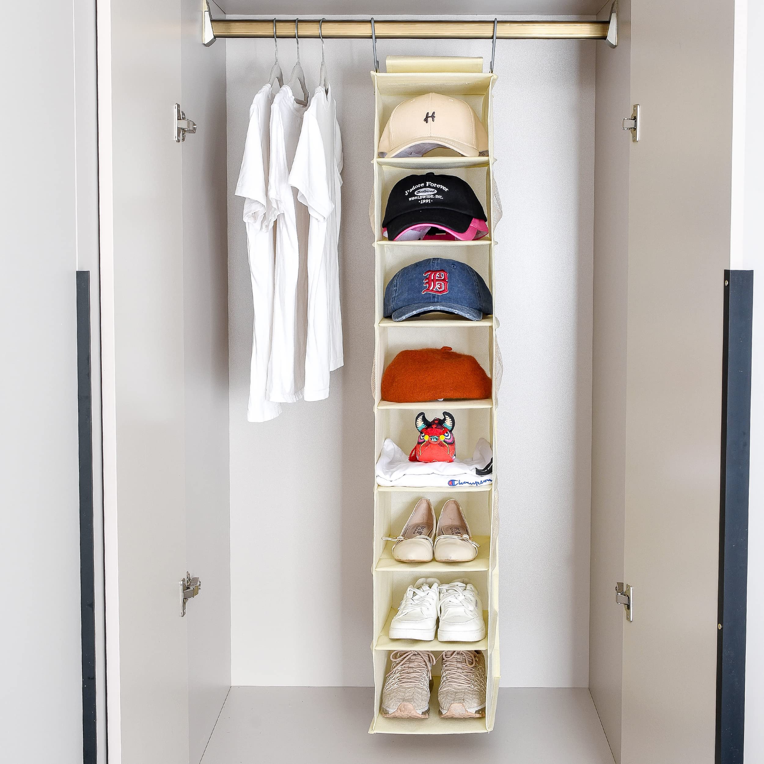 Hanging Shoe Organizer for Closet with Side Mesh Pockets - 8-Shelf Beige Shoe & Hat Storage Holder - Perfect for Baseball Caps, Sneakers & Accessories - Space-Saving Closet Organizer (1 Pack)