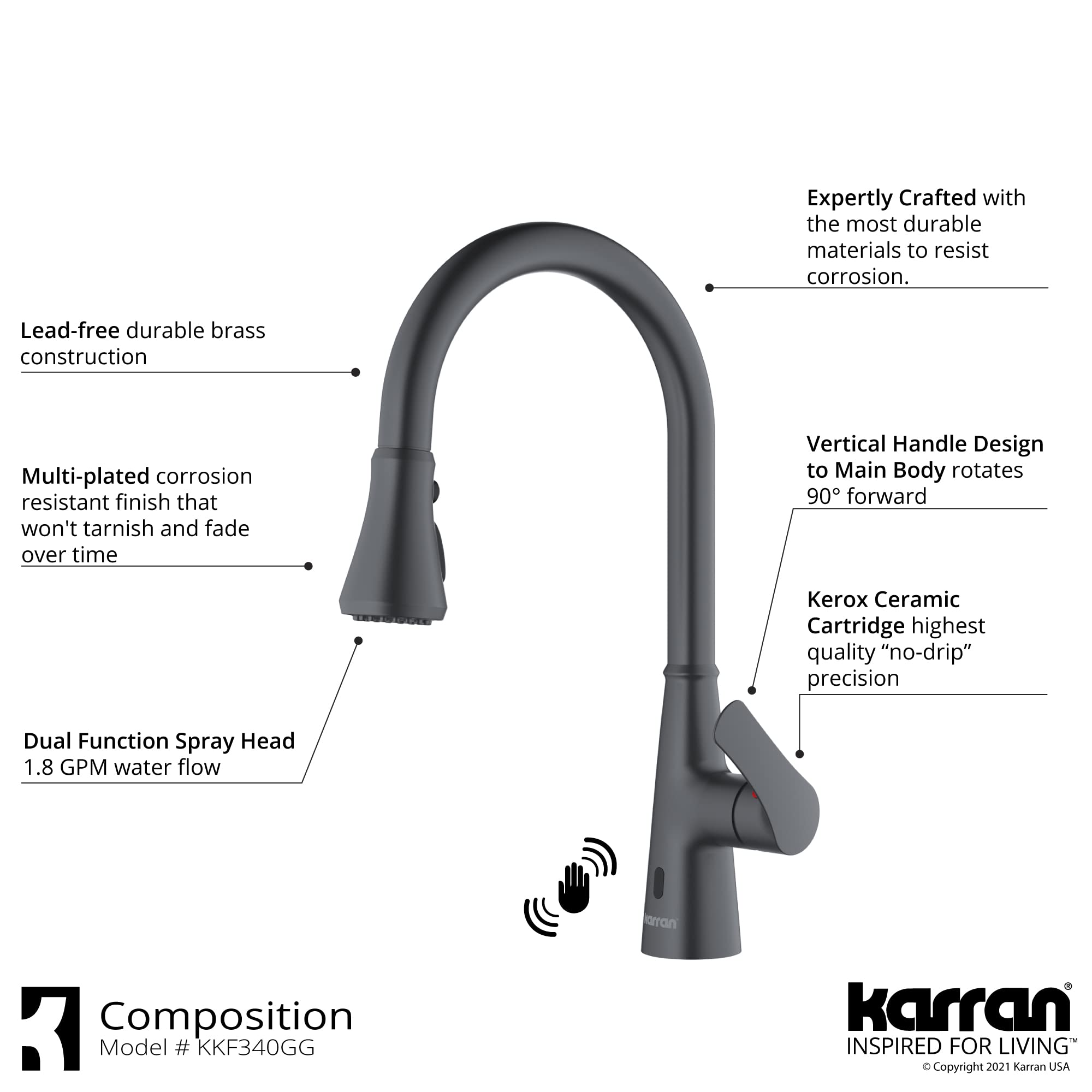 Karran Kadoma Touchless One-Handle Dual Function Pull Down Kitchen Faucet in Gunmetal Grey - Modern Hands-Free Sink Faucet for Easy Cooking and Cleaning
