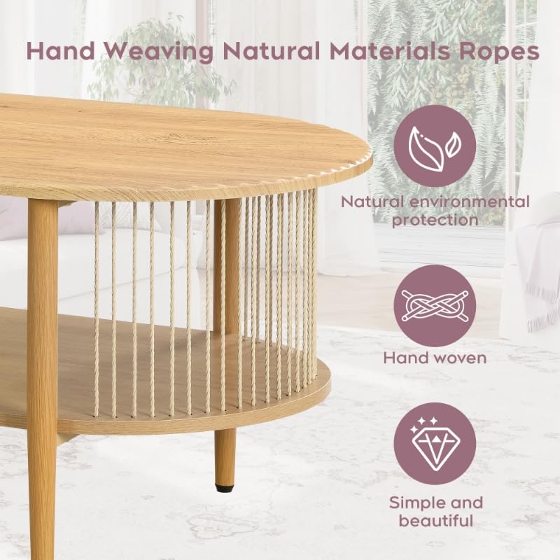 Brafab 2-Piece Boho Natural Fiber Rope Coffee Table Set - Modern Oval Nesting Side Tables with Fluted Tabletop & 2-Tier Storage, Wheeled End Tables for Living Room, Bedroom & Patio Decor
