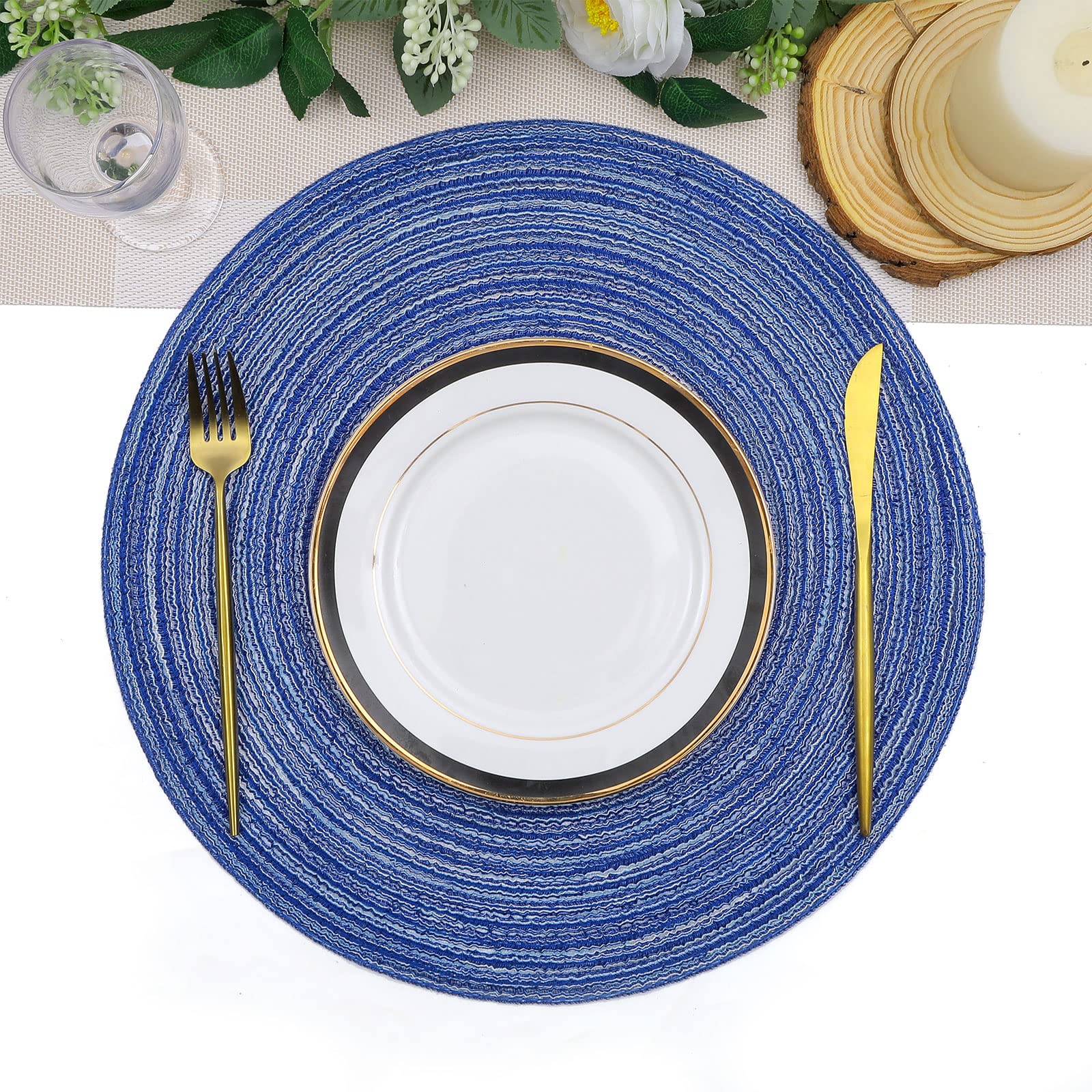 SHACOS 15 Inch Round Braided Placemats Set of 6 - Washable Cotton Table Mats for Kitchen, Dining, Home Decor - Perfect for Wedding, Party & Everyday Use (Blue & White)