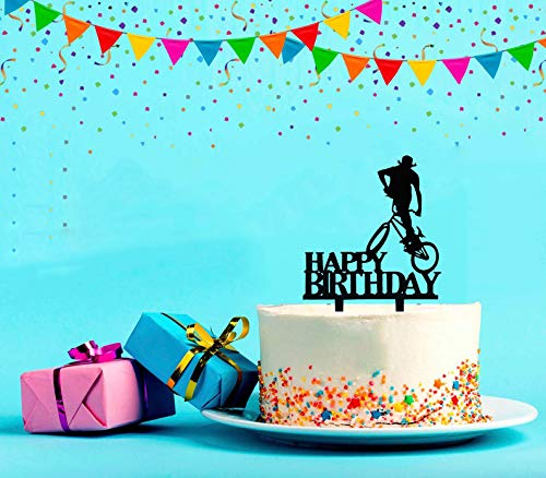 Black Cycling Happy Birthday Cake Topper - Acrylic Bicycle Themed Party Cake Decoration for Sports Lovers | Perfect for Cycling Enthusiast Birthday Cakes, Bike Race Celebrations & Outdoor Adventure Parties