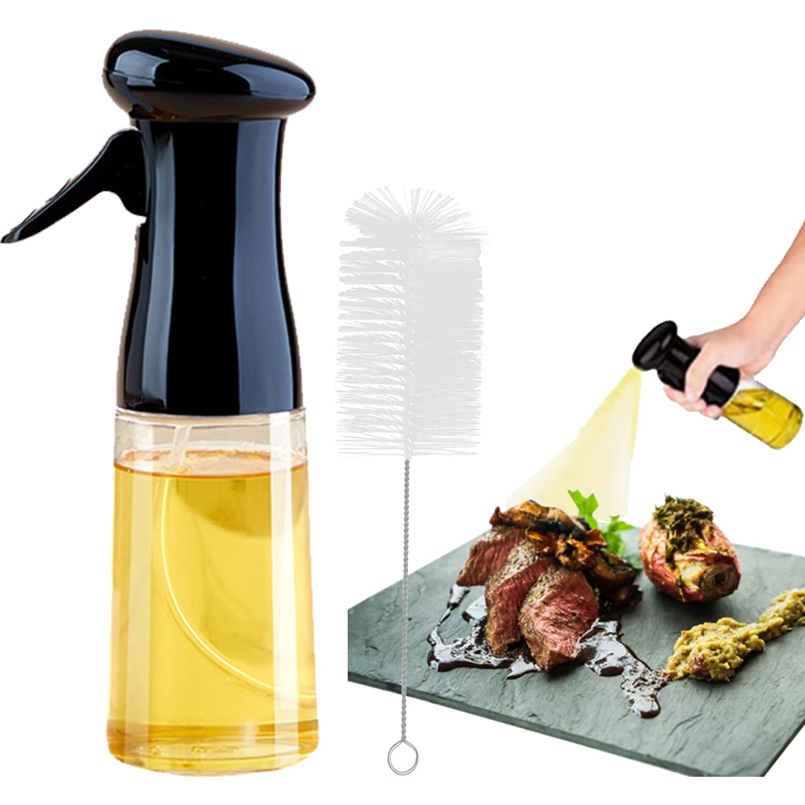 200ML Olive Oil Sprayer for Cooking - Reusable Air Pressure Food Grade Oil Mister with Cleaning Brush for Kitchen, Grill, Salad, Baking, Deep Fry & Air Fryer | Perfect for Healthy Cooking & Meal Prep (Black)