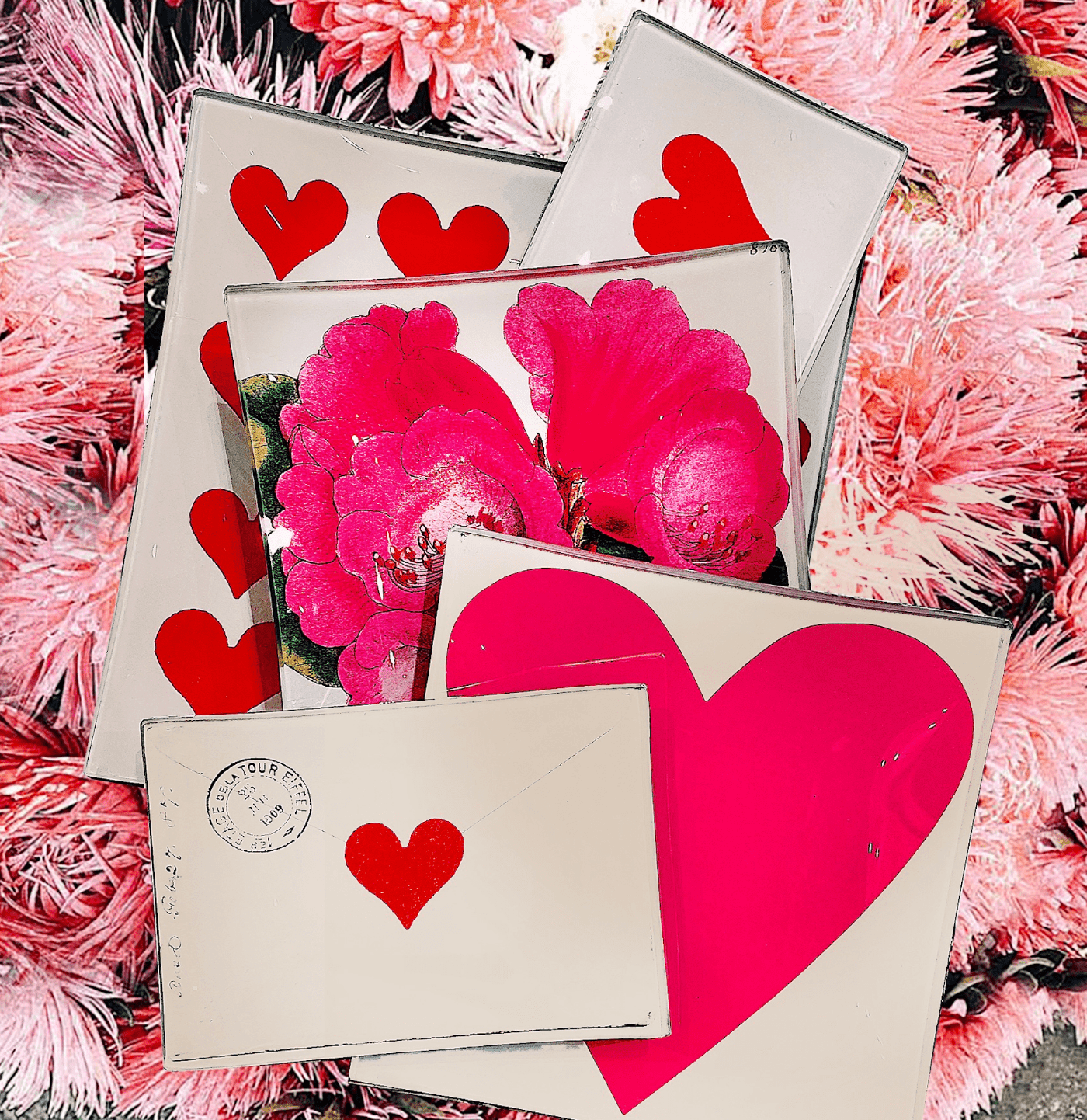 French Envelope with Heart Decoupage Glass Tray - Elegant Serving Tray for Tea Parties, Wedding Decor, and Home Decoration