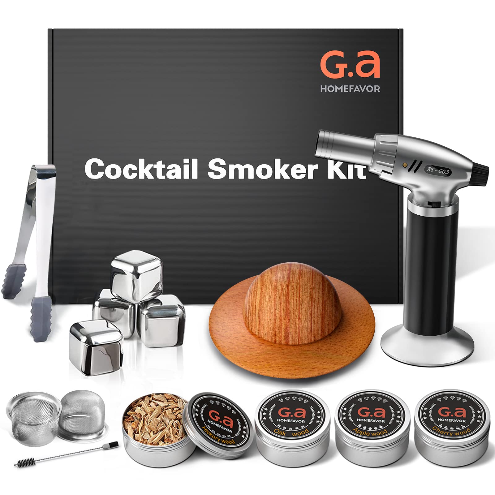 Premium Bourbon Whiskey Cocktail Smoker Kit - Wooden Drink Infuser for Old Fashioned Cocktails, Whiskey & Bourbon with 4 Flavor Wood Chips | Butane-Free Smoking Tool for Home Bars & Gifts for Men (Father's Day, Birthday, Anniversary) | Perfect for Entertaining, Mixology & Craft Cocktail Making