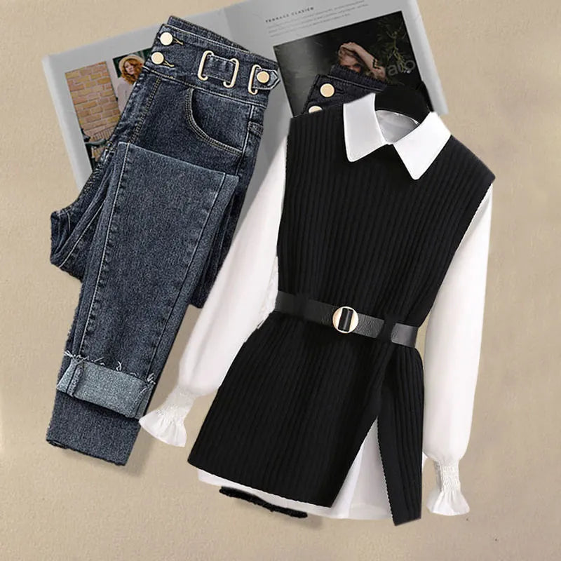 Korean Style Autumn Women's 3-Piece Outfit - Chiffon Shirt, Knitted Sweater & Jeans Set, Elegant Tracksuit for Casual Wear | Office, Dating & Fall Fashion