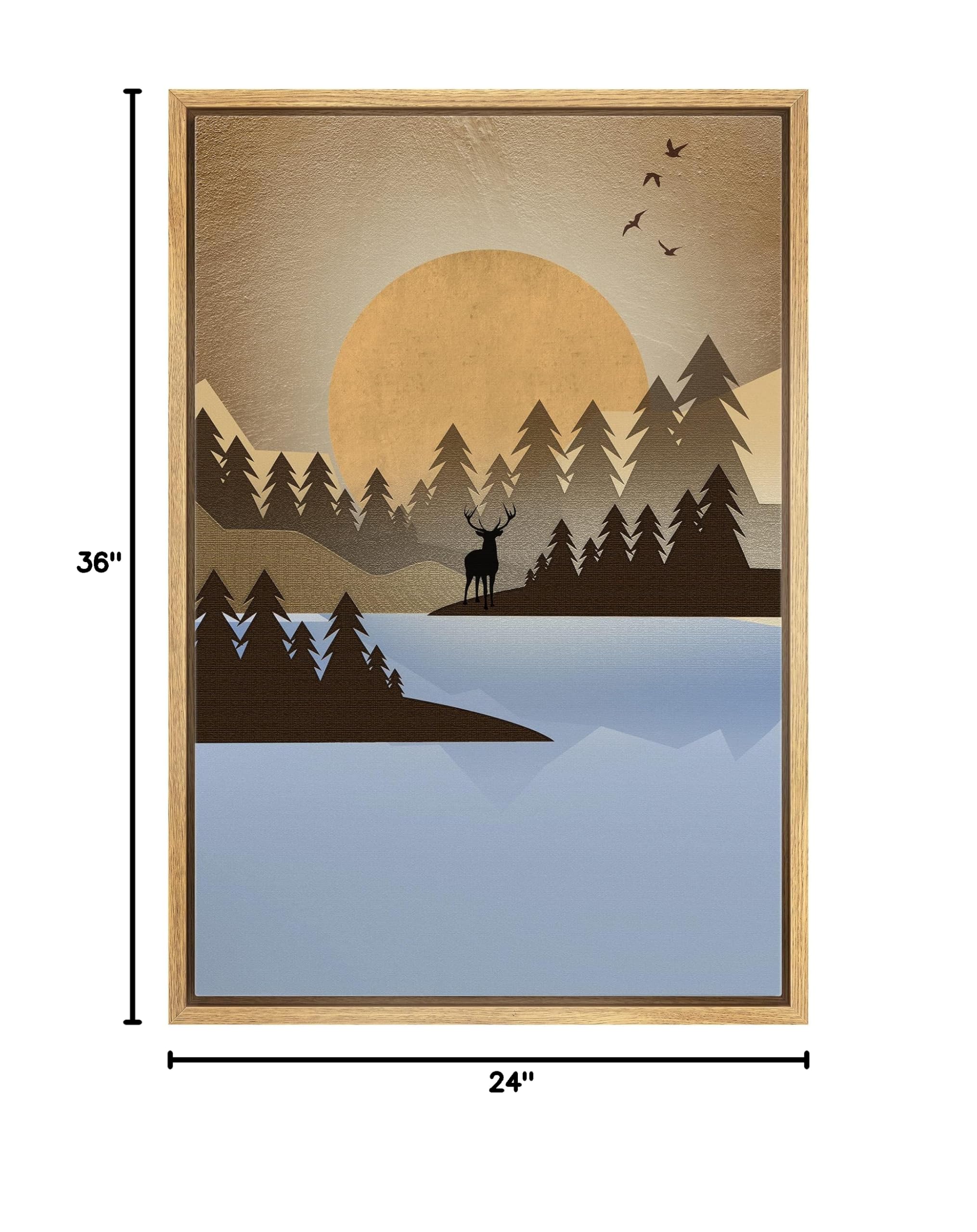 IDEA4WALL Framed Canvas Print - Woodland Nursery Decor with Full Moon Over Elk & Forest Abstract Wilderness Illustrations - Modern Art for Living Room, Bedroom, Office - 24