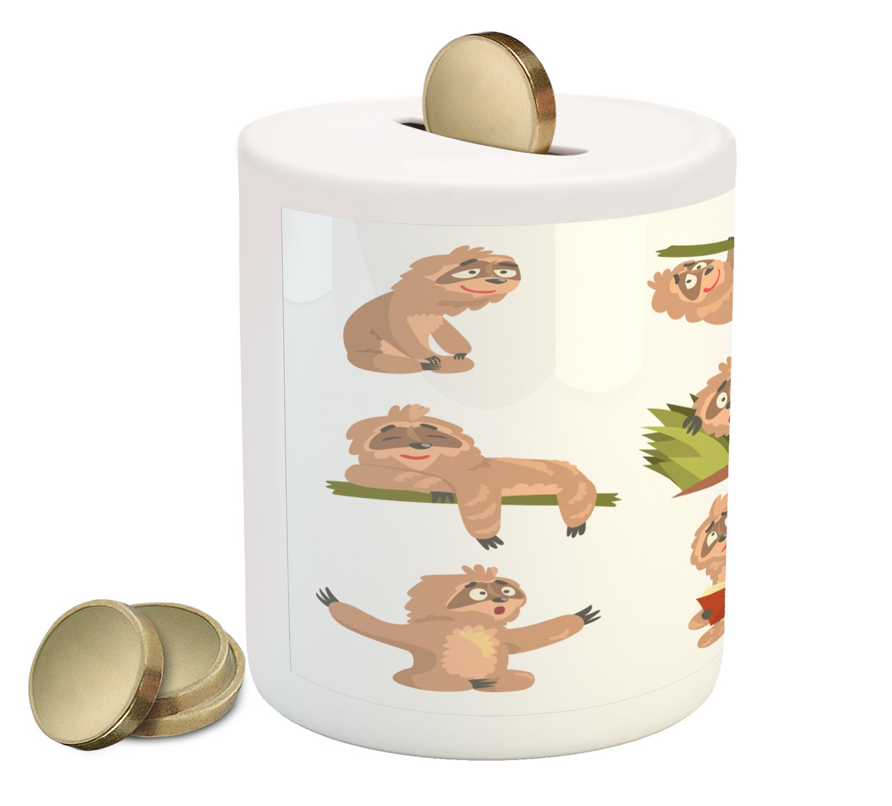 Ambesonne Sloth Ceramic Piggy Bank - Funny Cartoon Animal Design with Various Emotions (Scared, Cool) for Cash & Coin Saving - Pale Brown & Green - Perfect Gift for Kids, Teens & Animal Lovers (Home Decor, Birthday Present, Savings Jar)