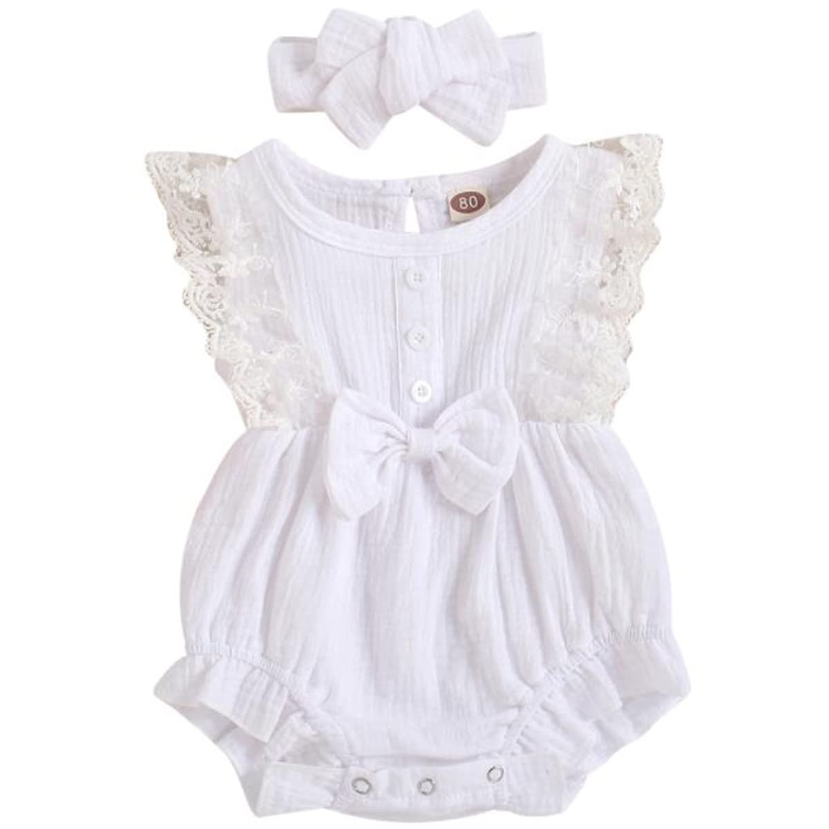 Newborn Baby Girl Romper - Lace Ruffle Sleeve Solid Color Onesie | Infant Summer Jumpsuit Outfit Set with Headband | Perfect for Photoshoots, Parties & Everyday Wear