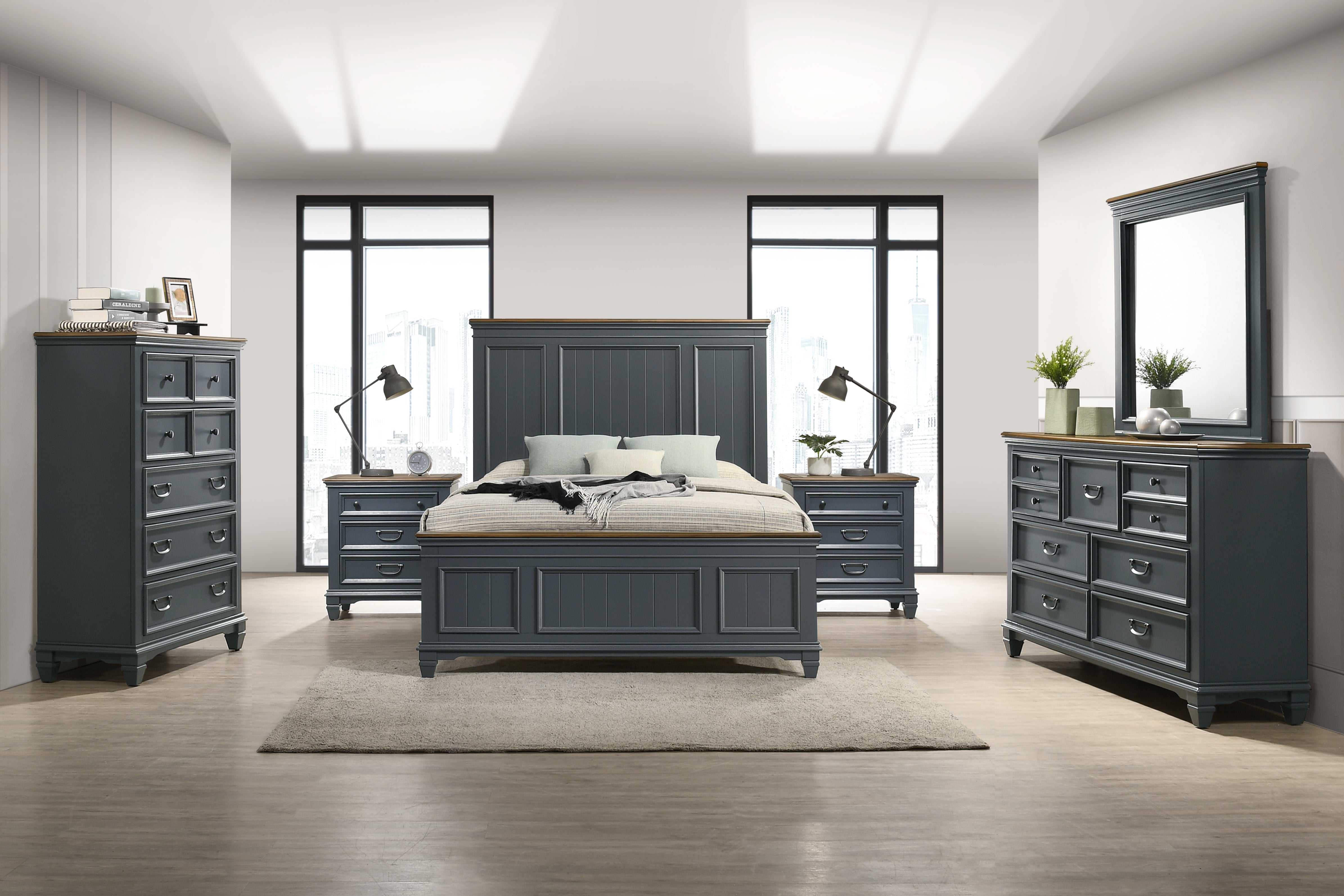 Roundhill Furniture Clelane Wood Bedroom Set with Shiplap Panel Bed - Queen Size, Slate Blue Finish - Modern Farmhouse Bedroom Decor for Master & Guest Rooms