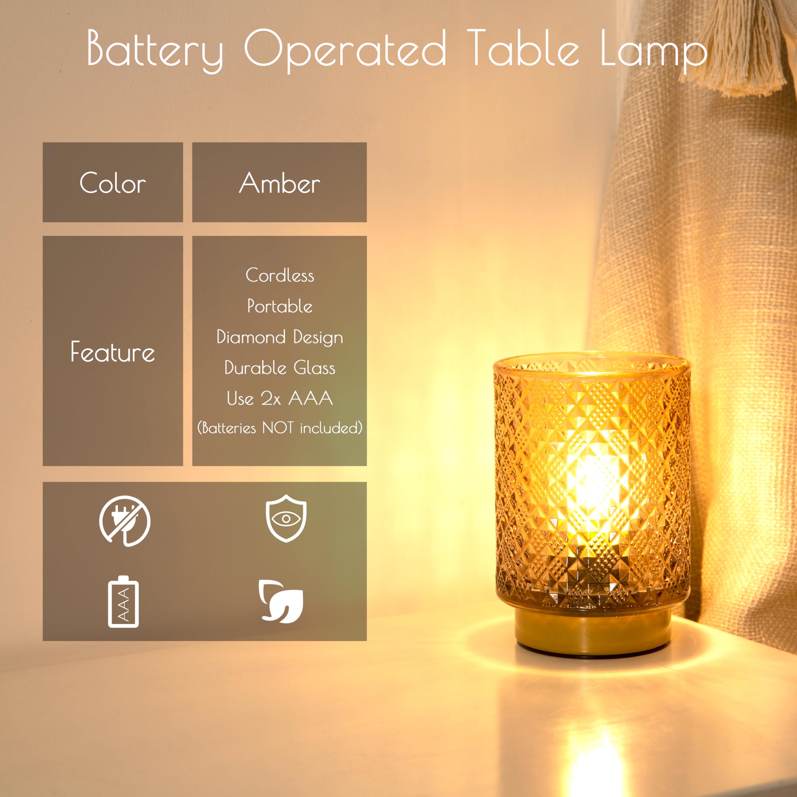 Battery Operated Lamp with Timer - Small LED Table Lamp, Cordless Glass Bedside Lamp for Living Room & Entryway, Diamond Design Amber Light - Perfect for Nightstands, Dorm Rooms, and Emergency Lighting