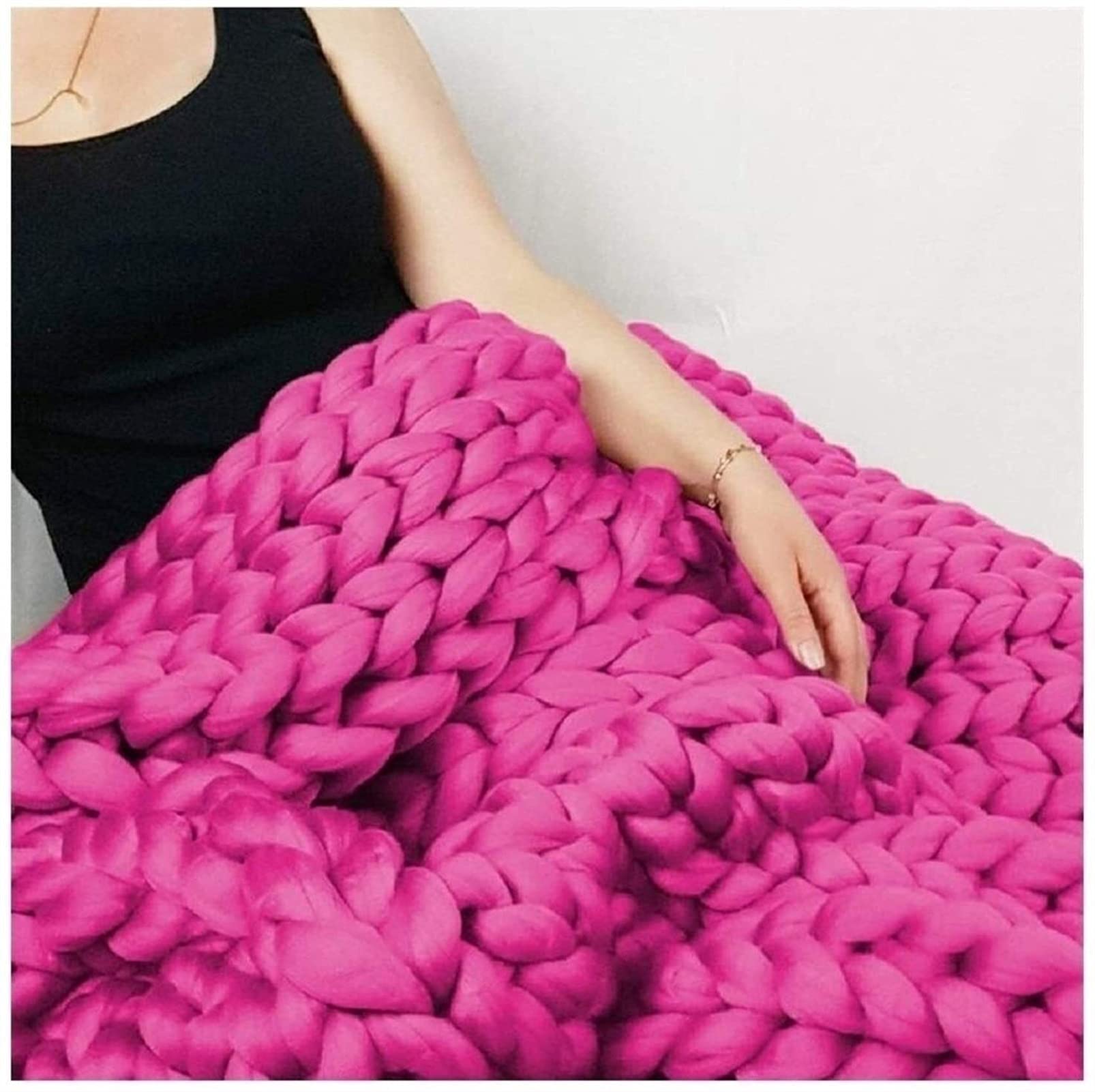 Chunky Knit Blanket Throw - Super Soft Arm Knitted Blanket for Couch, Bed & Fireplace - 80x80 Inches (200x200cm) Pink Cozy Winter Blanket - Perfect for Living Room, Nursery & Gift Giving