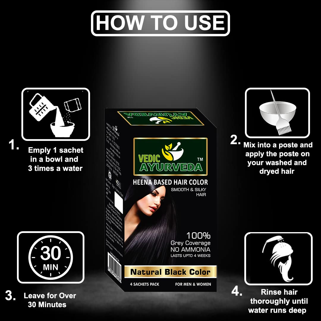 VedicAyurvedas Bio-Organic Natural Pure Henna Hair Color - 100% Gray Coverage, Ammonia-Free, Black Shade (4 Sachets) for Smooth Silky Hair | Safe Herbal Hair Dye for Women & Men | Perfect for Home Use, Salon Results, and Covering Gray Hair Naturally