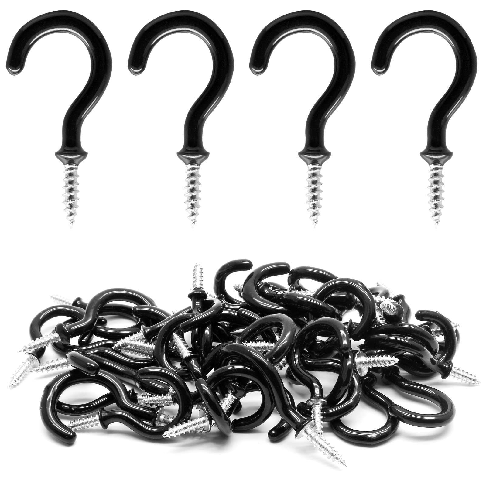 Biaungdo 60 Pcs 1 Inch Black Ceiling Cup Hooks with Self-Tapping Screws - Heavy Duty Hanging Hooks for Plants, Lights, and Home Decor
