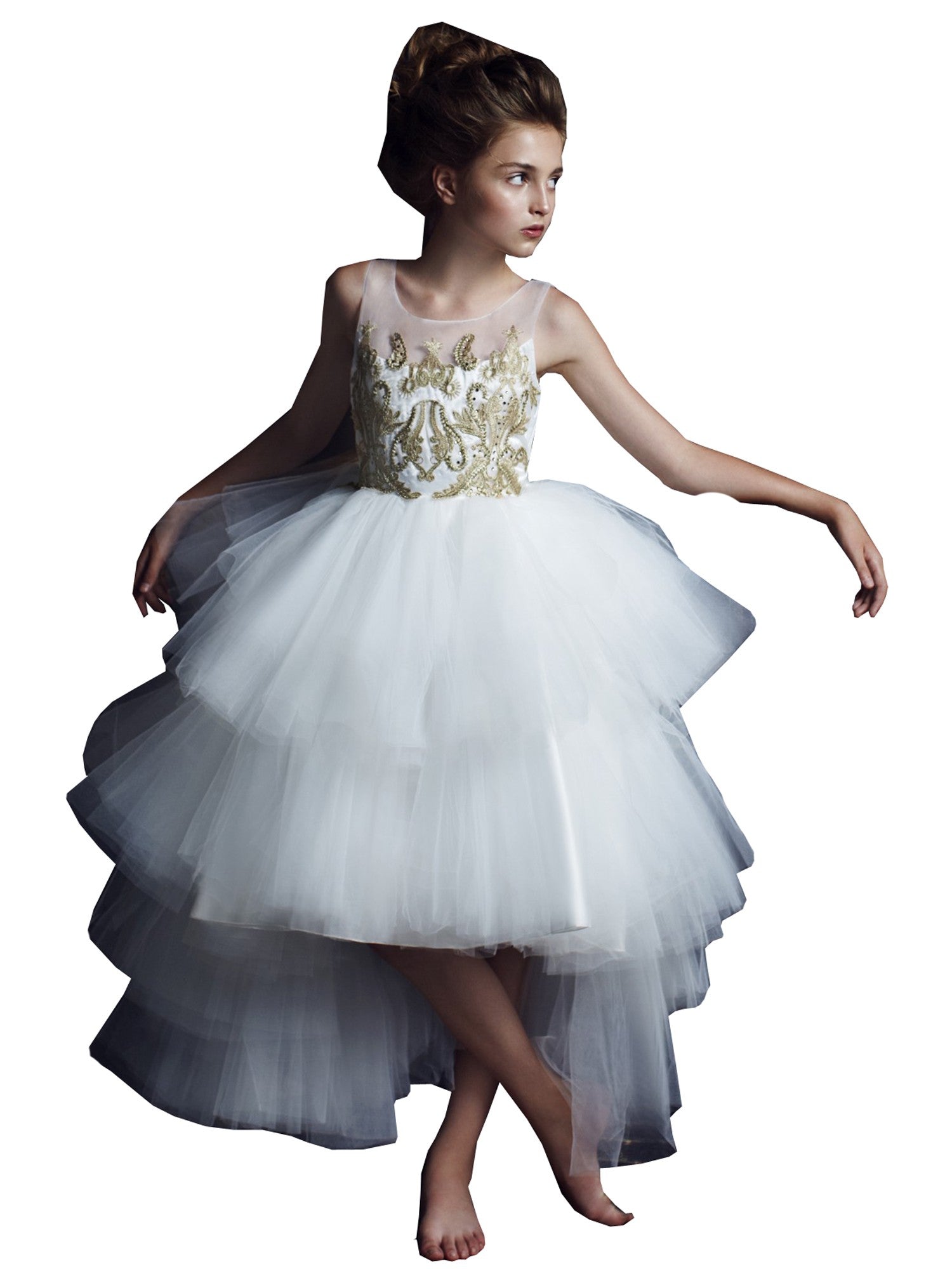 Big Girls Ivory Gold Beaded Hi-Low Abella Special Occasion Dress Size 8-12 for Prom, Wedding & Formal Events