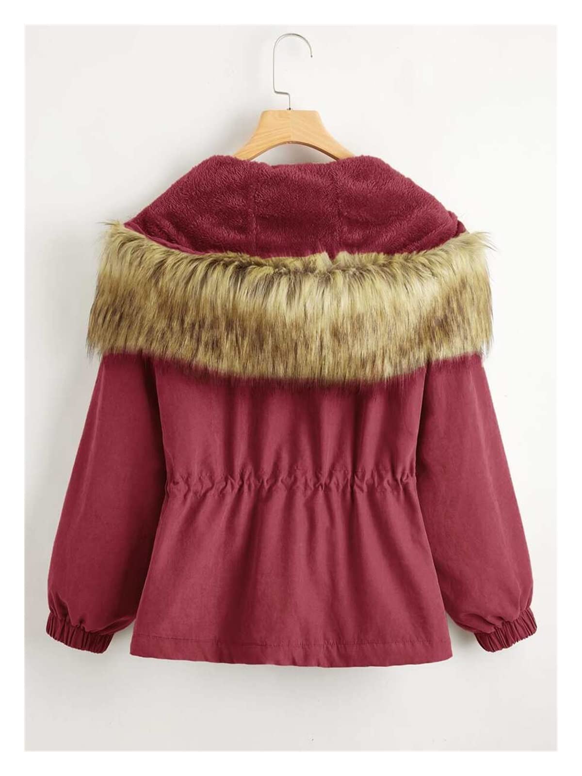 Women's Winter Padded Jacket with Zip Up, Drawstring Waist & Fuzzy Trim Hood - Burgundy Size M | Warm Teddy Lined Coat for Cold Weather, Outdoor Activities & Fashion