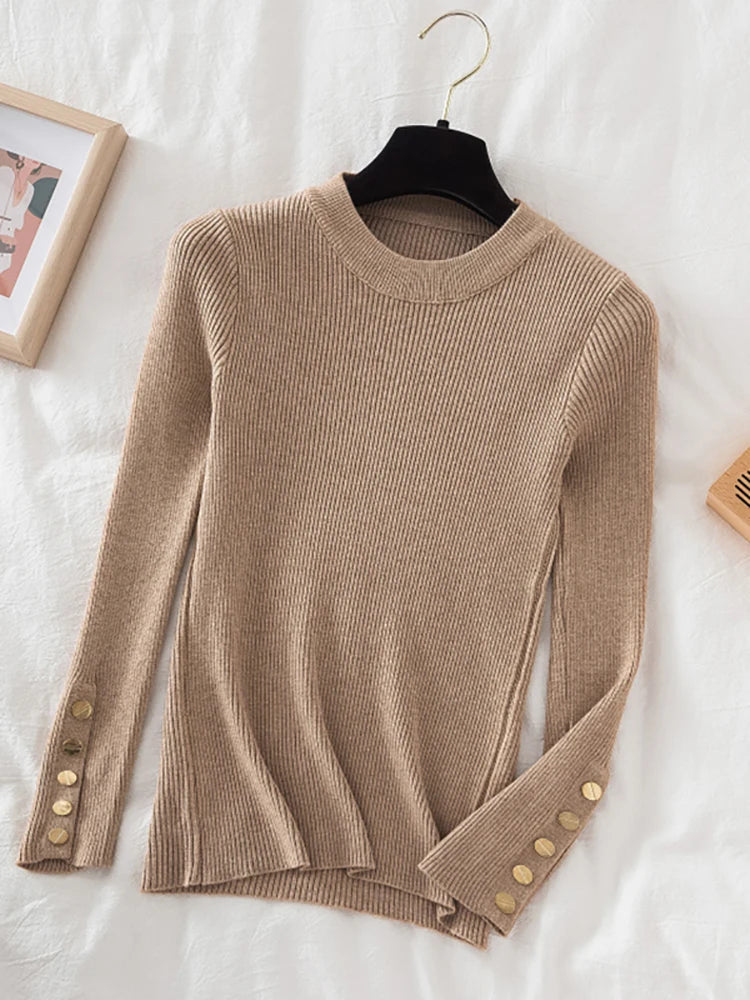 Thick Buttoned Long Sleeve O-Neck Sweater for Women - Cozy Winter Pullover for Casual Outfits & Office Wear