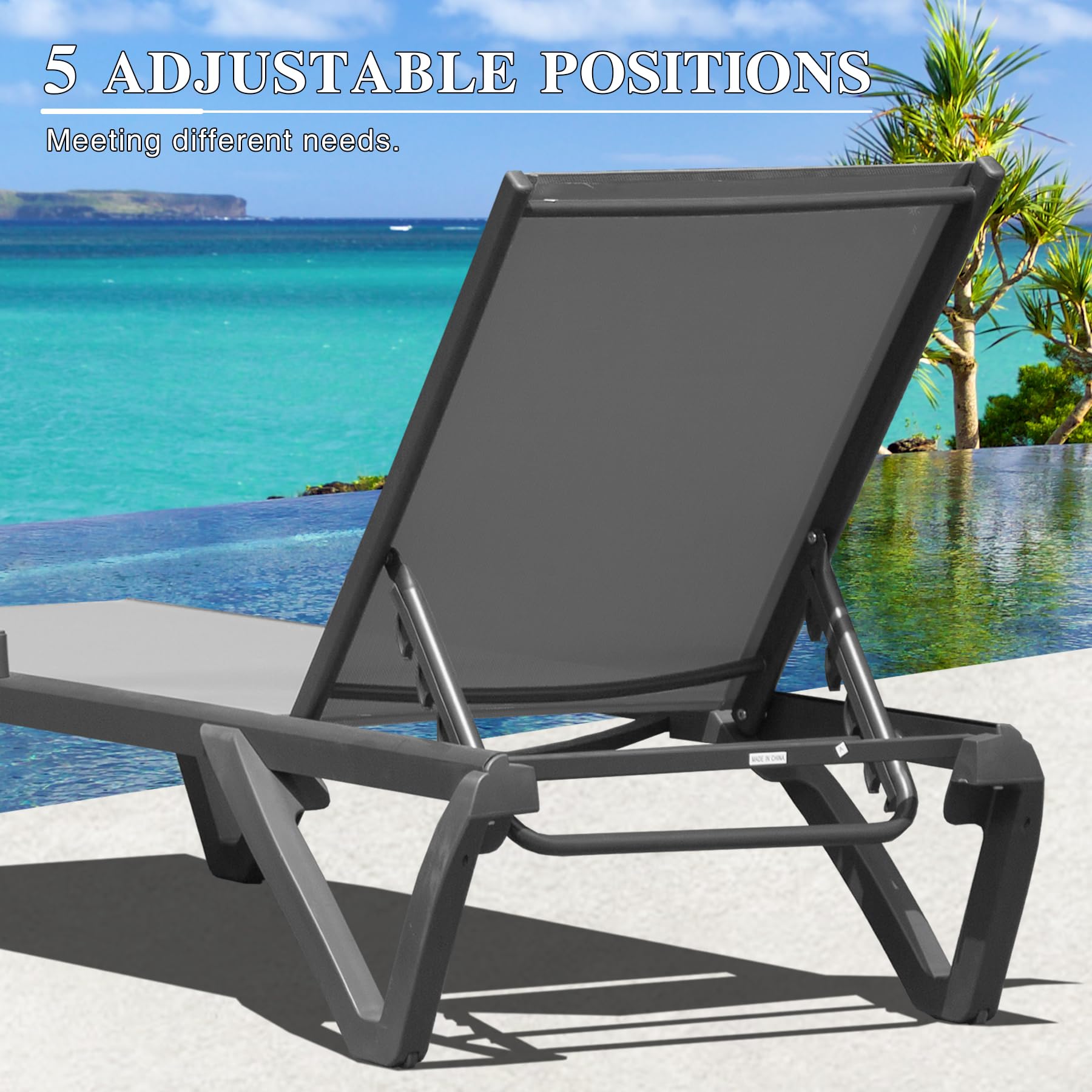 Domi 3-Piece Adjustable Aluminum Pool Lounge Chairs with Wheels & Table - Outdoor Chaise for Deck, Patio, Backyard - All-Weather Textilene Gray