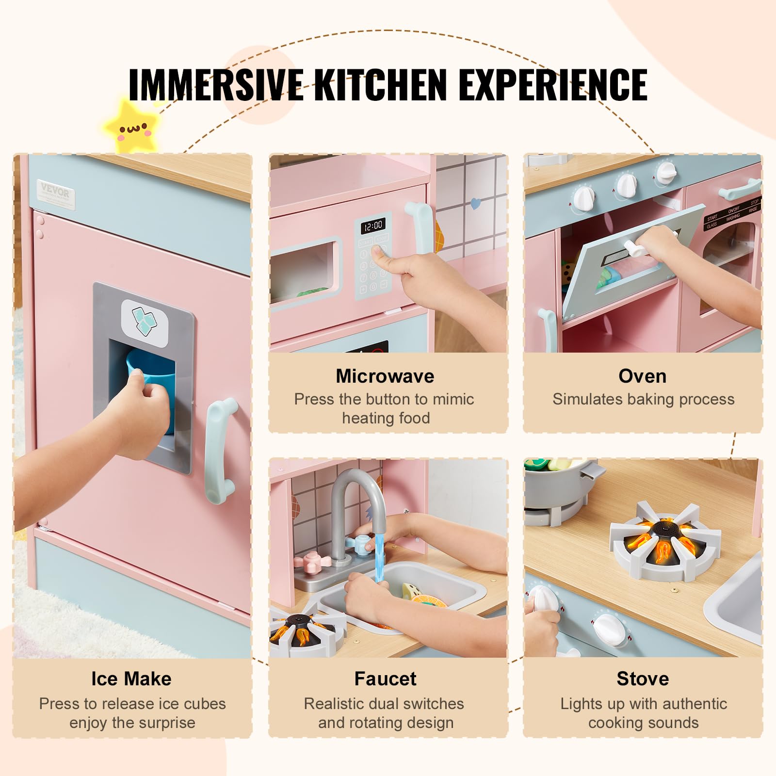 VEVOR Wooden Play Kitchen Toy for Kids Ages 3-8 - Interactive Pretend Play Set with Lights, Sounds, Ice Maker, Oven, Sink, Microwave & Fridge - Includes Utensils & Fruit Accessories - Perfect for Imaginative Play, Role-Playing & Early Learning (Pink)