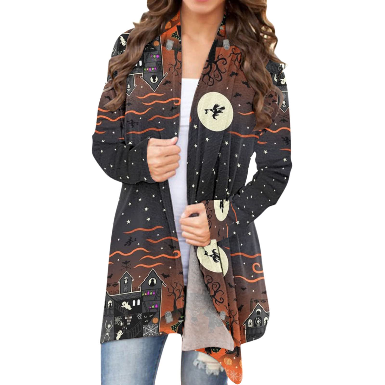 Women's Halloween Cardigan Top - Casual Long Sleeve Blouse with Cute Cat & Pumpkin Print | Perfect for Fall Outfits, Costume Parties & Cozy Seasonal Fashion