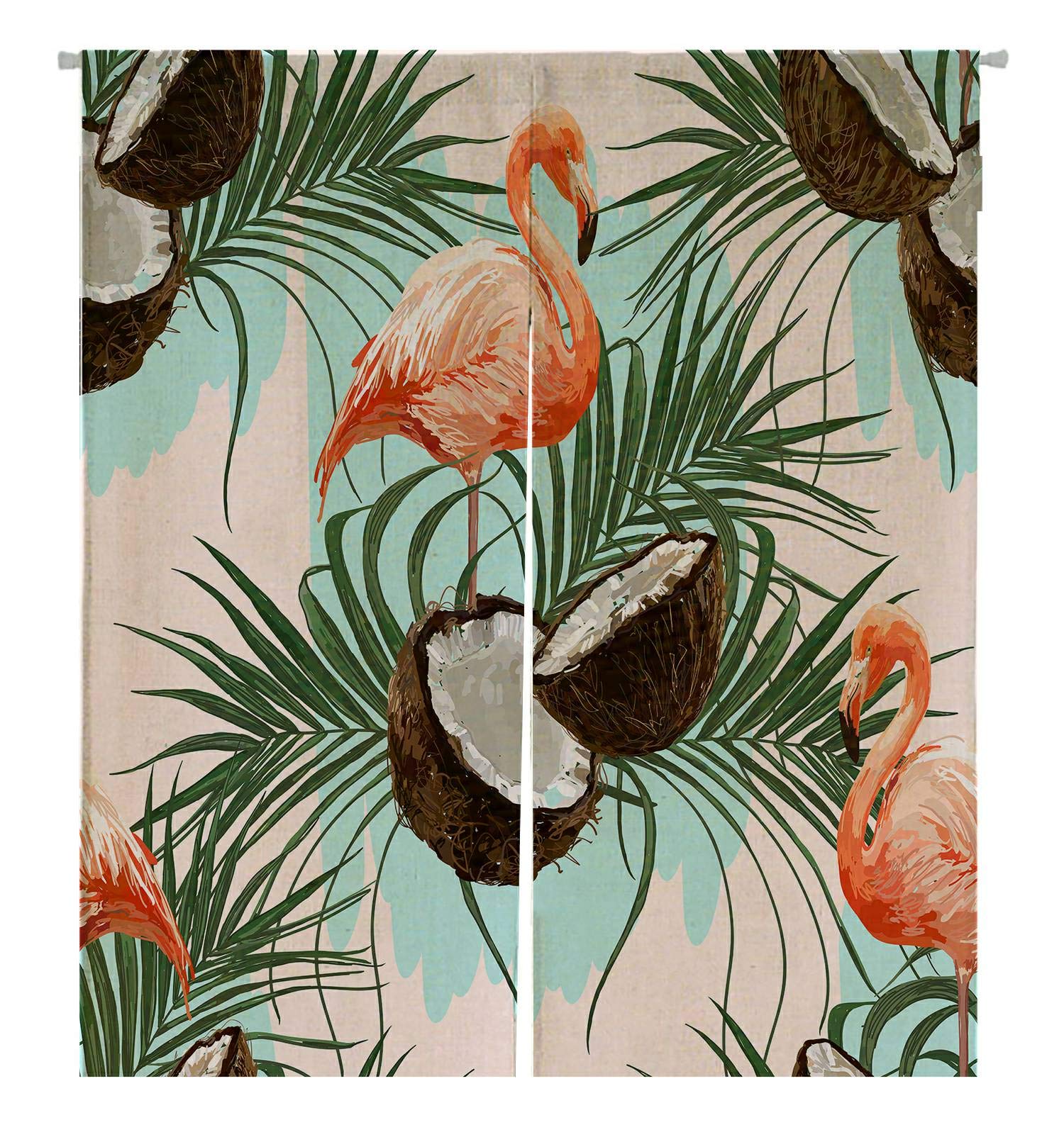 ECZJNT Coconut Palm Leaves Flamingo Japanese Noren Curtain - Cotton Linen Door & Window Treatment (105x120 cm) - Perfect for Home Decor, Bedroom, Living Room & Entryway