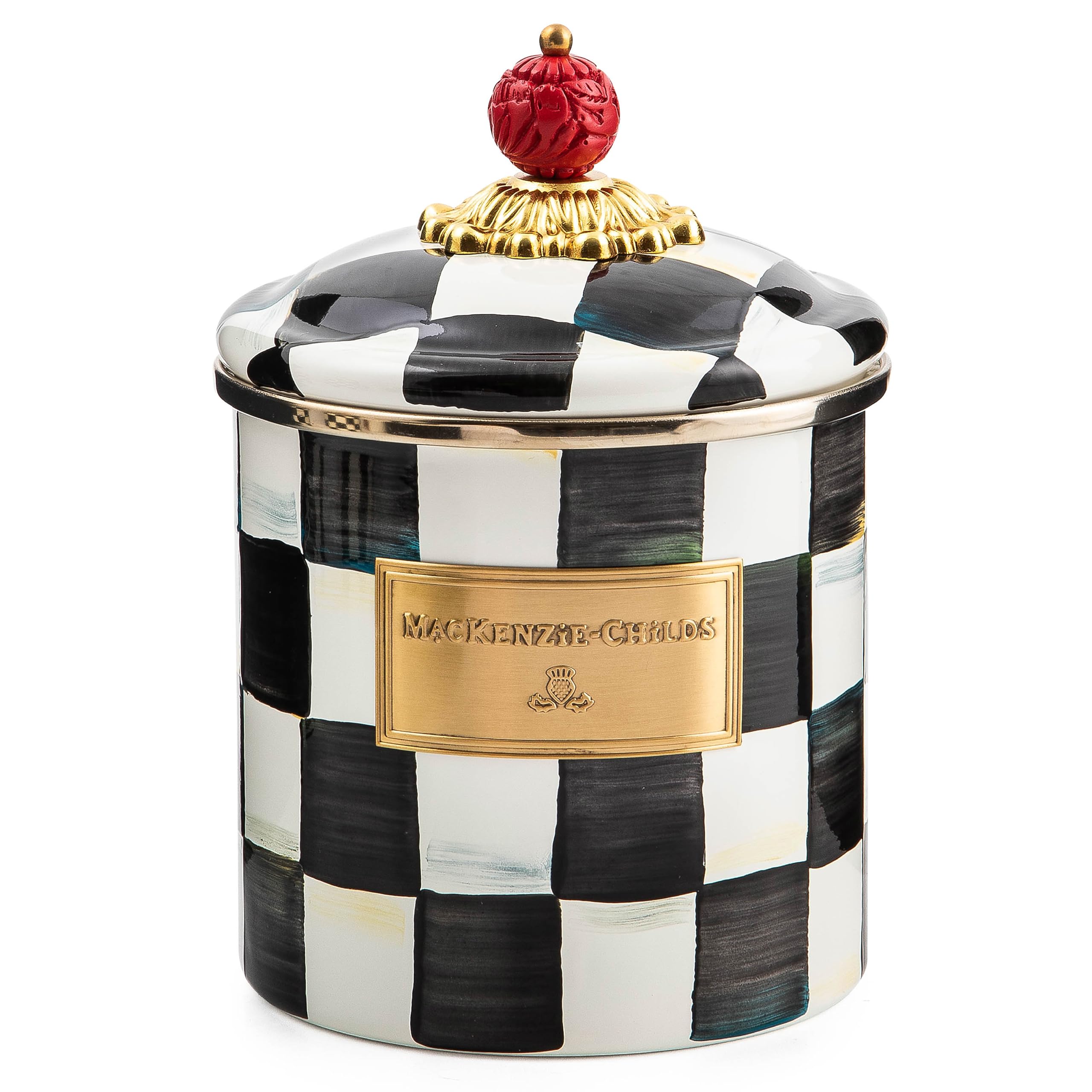 Mackenzie-Childs Small Enamel Canister - 1.13L Kitchen Storage Container for Flour, Sugar & Dry Goods | Black & White Courtly Check Design | Perfect for Pantry Organization & Farmhouse Style Kitchens