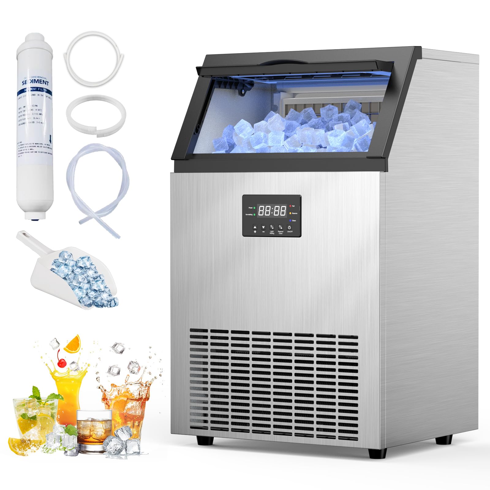 Commercial Ice Maker 200Lbs/24H with 50LBS Storage Bin - Fast 55 Ice Cubes in 8-12 Mins, Adjustable Thickness Under Counter Ice Machine for Bars, Restaurants, Coffee Shops & Home Use - Perfect for Cocktails, Beverages & Food Display