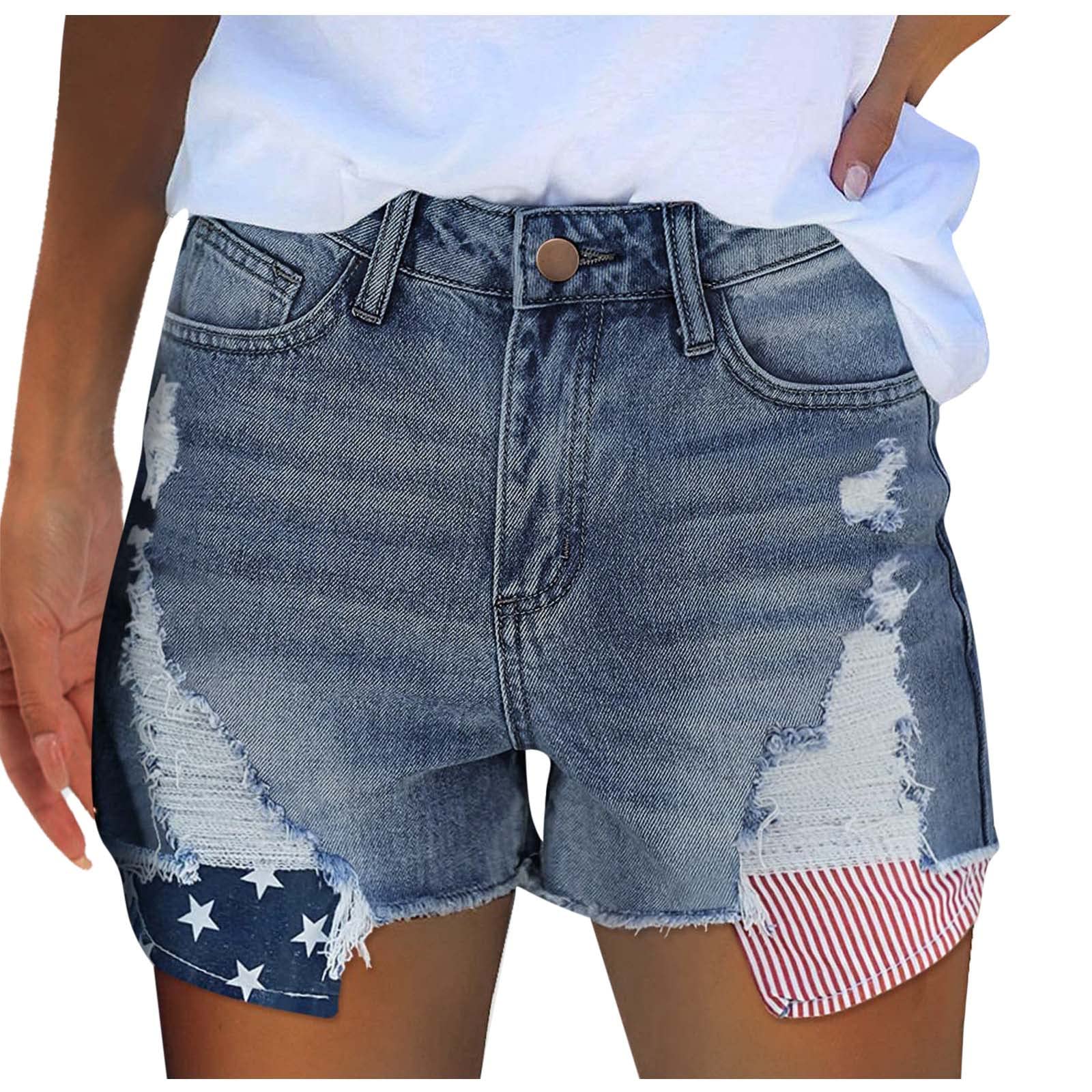 Women's Distressed Denim Shorts - Mid Waist Ripped Raw Hem Stretchy Jean Shorts for Summer | 4th of July Outfit & Casual Wear | Perfect for Beach, Parties, and Everyday Fashion