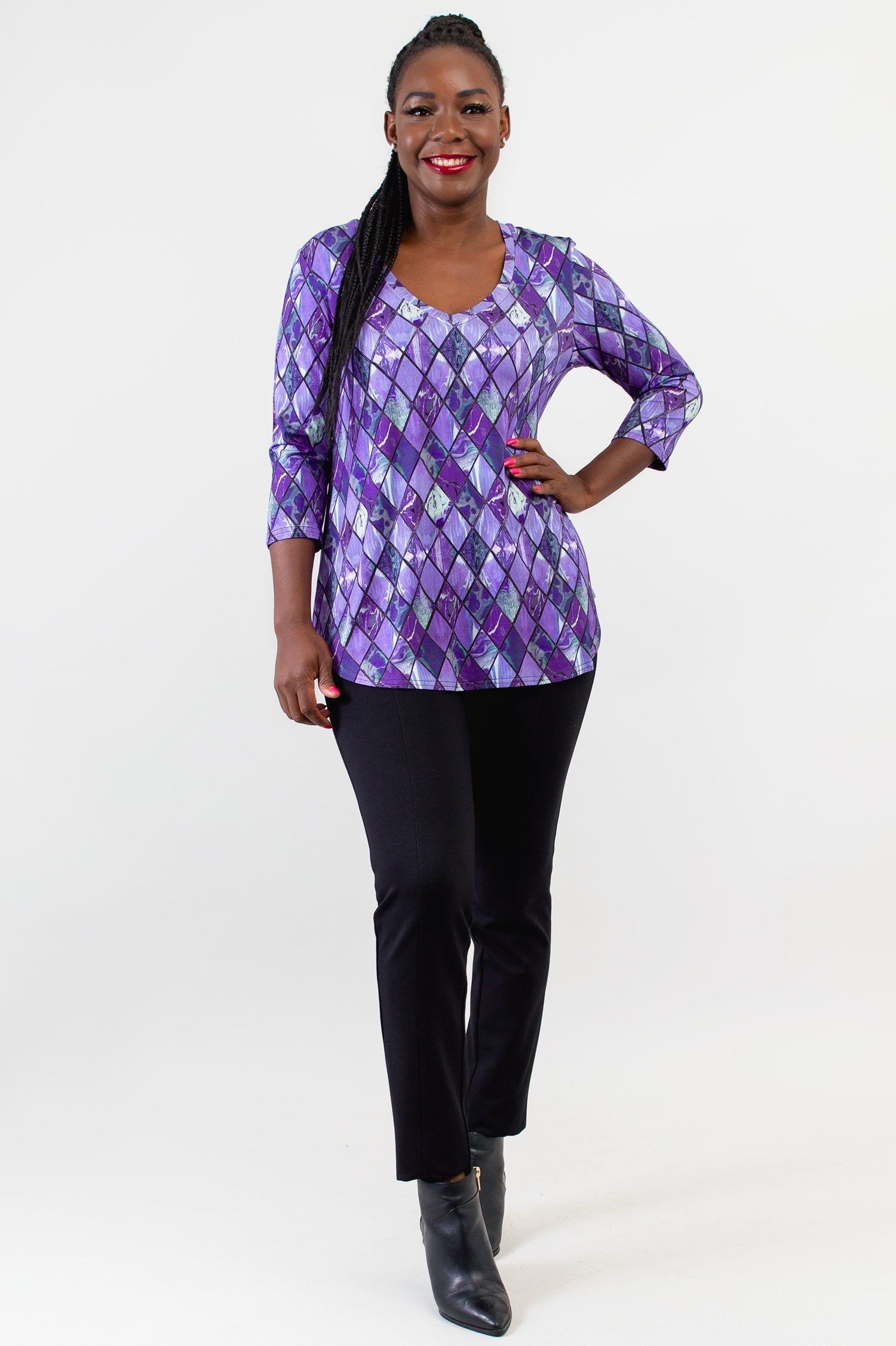 Jackie 3/4 Sleeve Women's Tops - Soft Bamboo Fabric in Violet Windowpane Print | Breathable & Comfortable for Yoga, Workout & Casual Wear | Final Sale