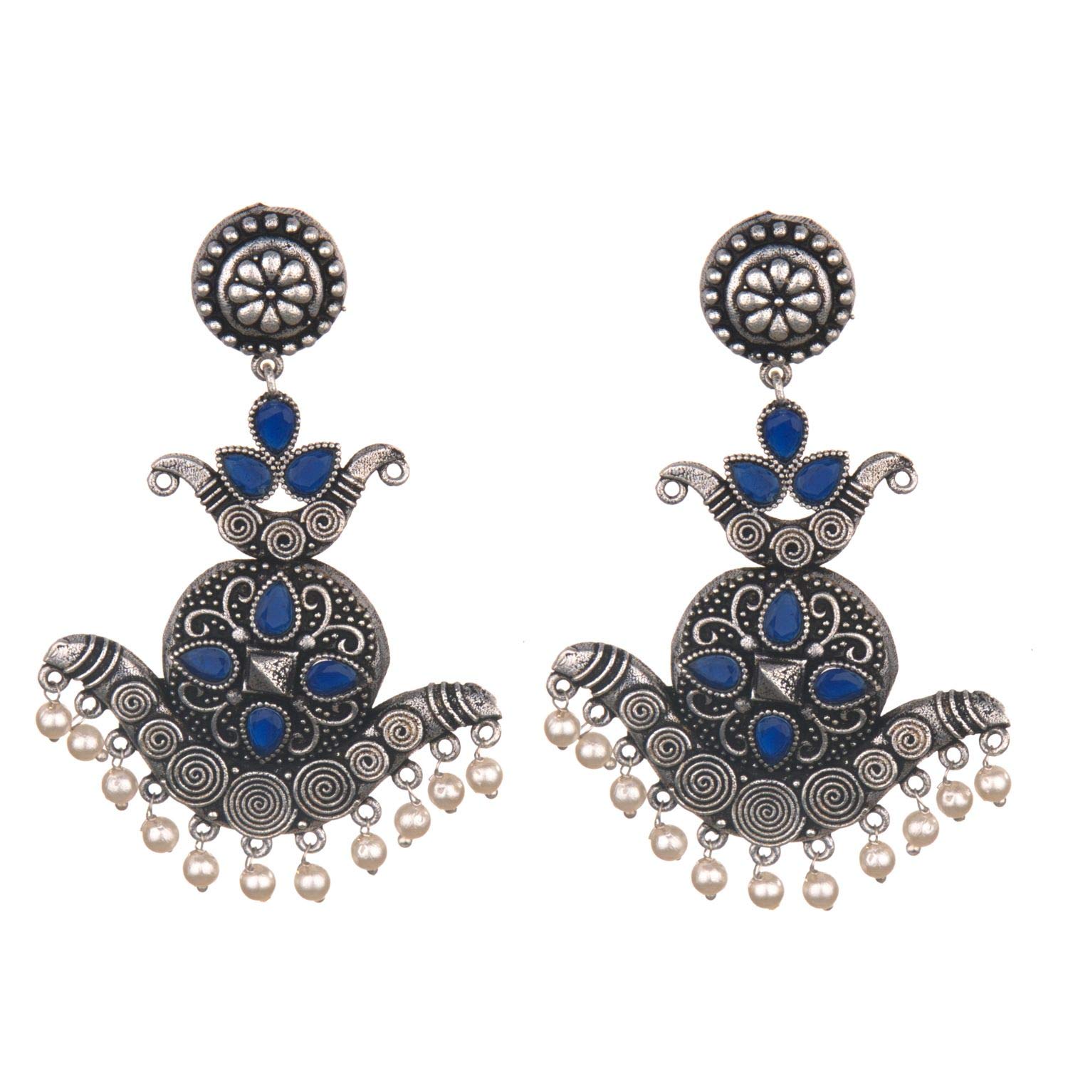 Boho Vintage Oxidized Silver Faux Stone Pearl Drop Dangle Earrings - Tribal Indian Gypsy Jewelry Set for Women | Perfect for Festivals, Weddings & Boho Fashion