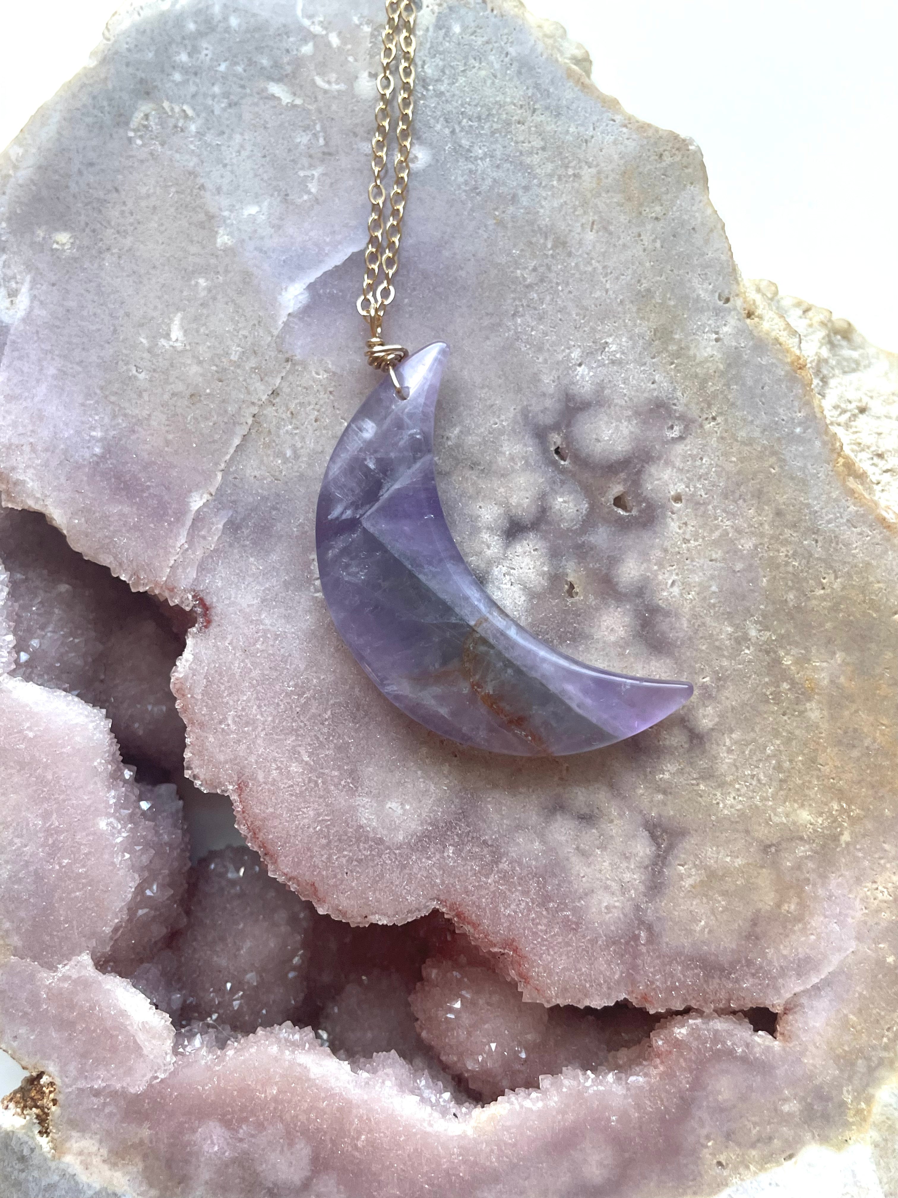 Fluorite Moon Necklace for Women – Healing Crystal Jewelry for Energy Balance & Spiritual Protection | Perfect for Meditation, Yoga & Everyday Wear