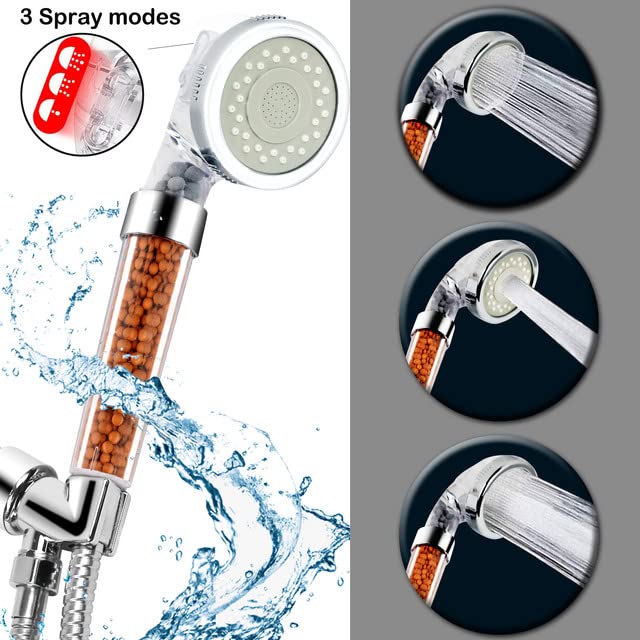 High Pressure Filter Shower Head with Replacement Hose & Bracket - 3 Mode Spray, Water Saving Showerhead for Dry Hair & Skin Care - Perfect for Rain, Massage & Handheld Showering Experience