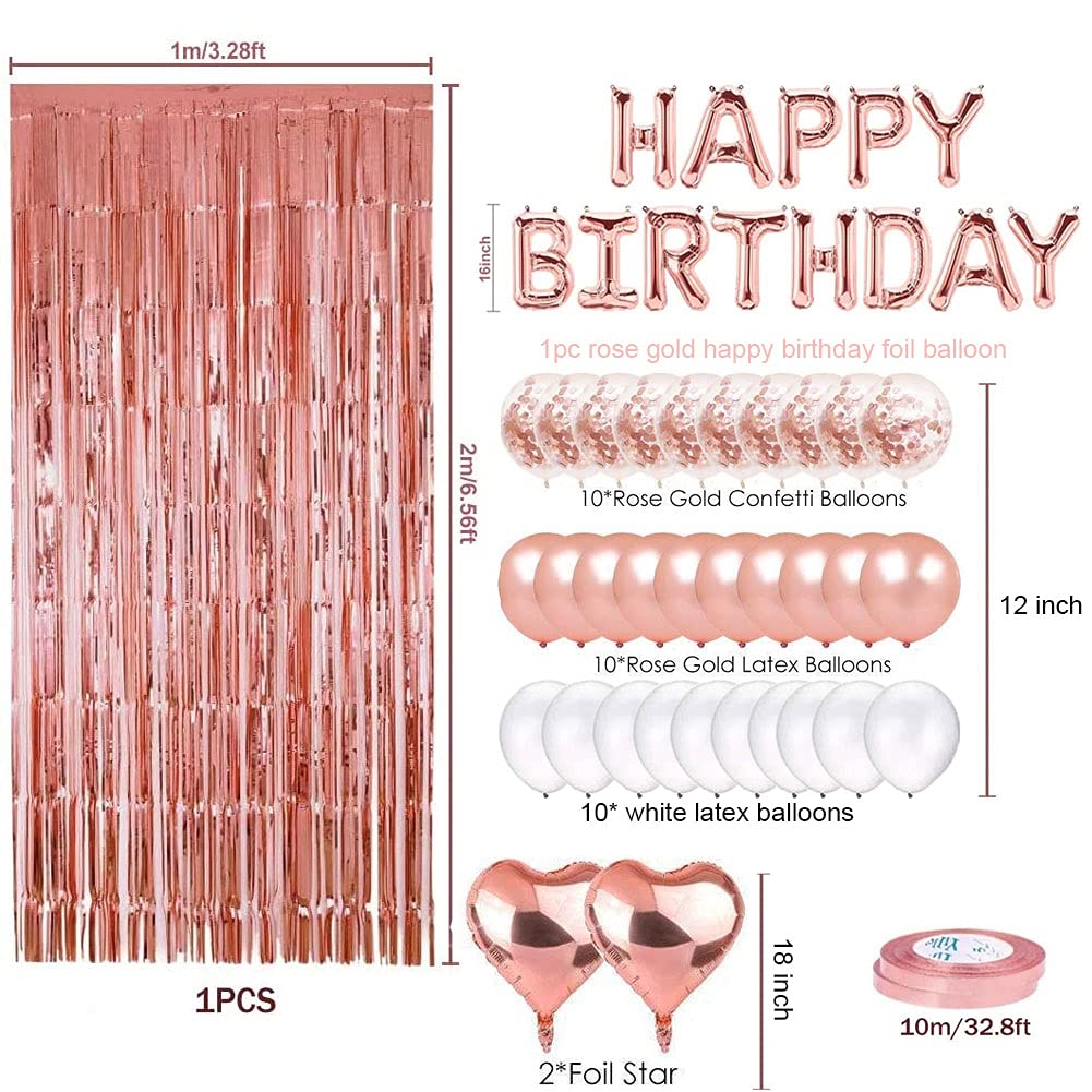 Morofme Rose Gold Birthday Party Decorations Set - Happy Birthday Balloon Banner, Confetti, Latex Balloons, Heart Foil Balloon & Fringe Curtain - Perfect for Birthday Parties, Baby Showers & Bridal Showers