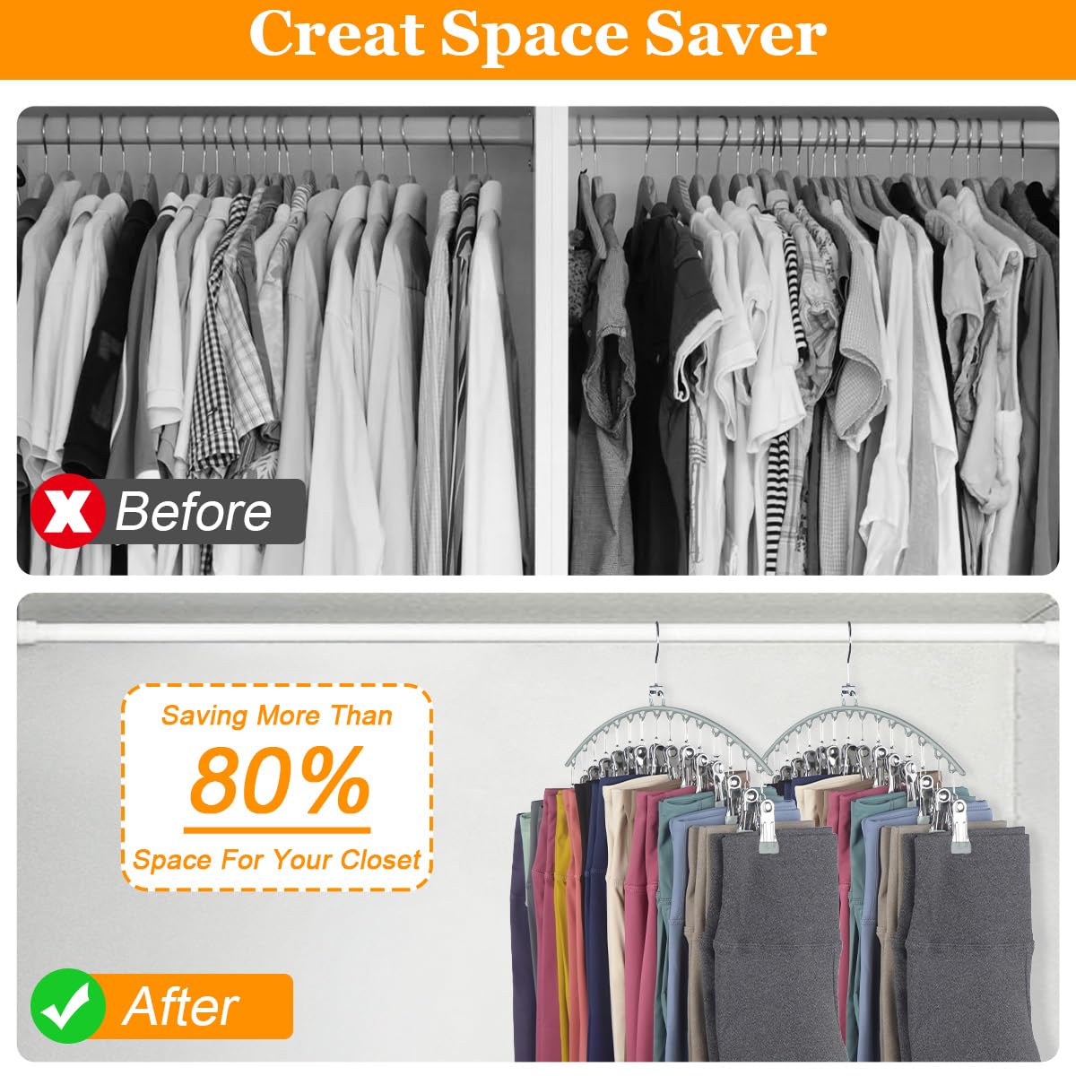 3-Pack Space Saving Closet Organizer with 15 Clips - Rubber Coated Leggings & Yoga Pants Hanger - Grey - Perfect for Wardrobe, Closet & Travel Storage Organization