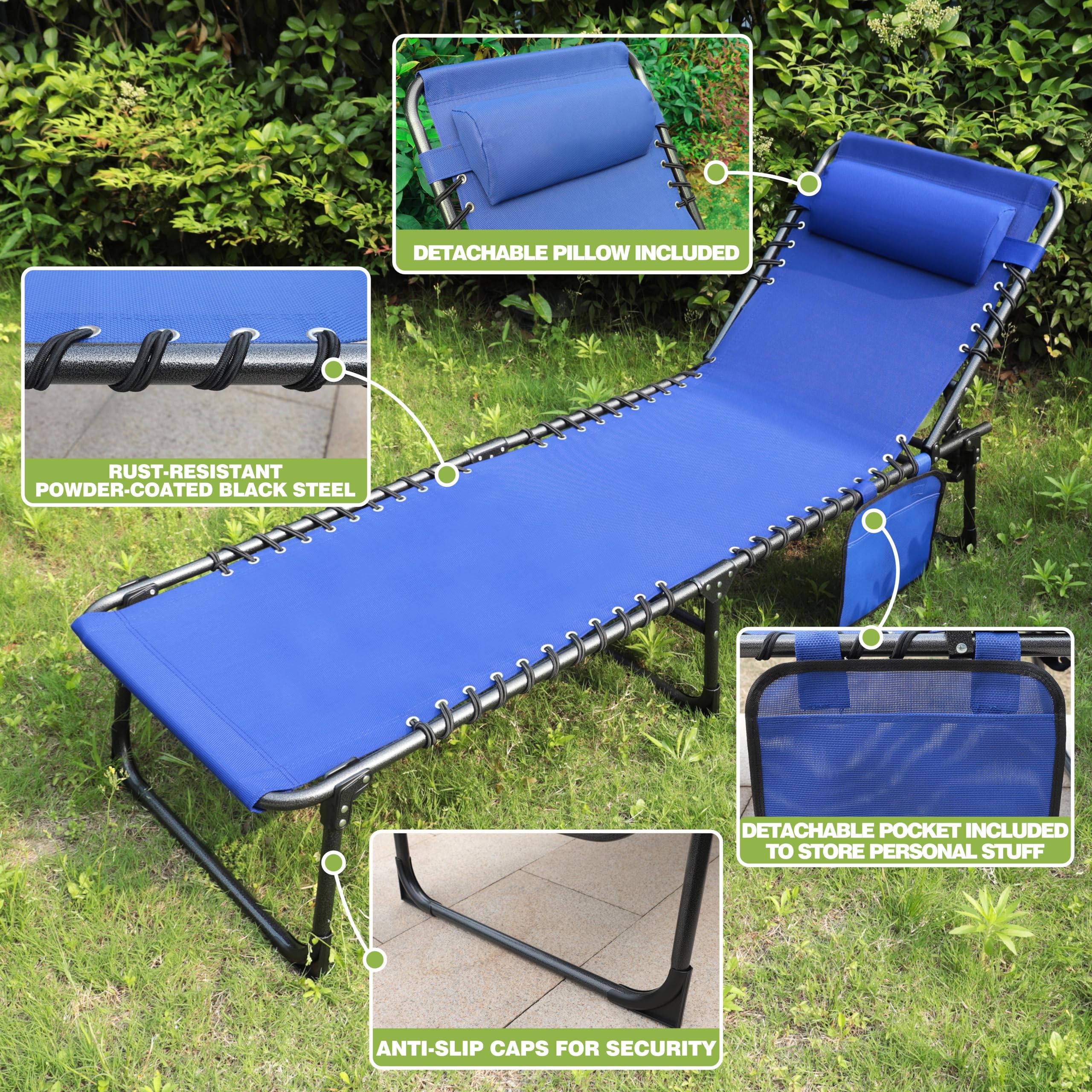 VEIKOU 5-Position Adjustable Chaise Lounge Chair - Upgraded Folding Outdoor Sun Lounger for Patio, Poolside, Beach & Backyard - Perfect for Sunbathing, Relaxing & Outdoor Lounging - Blue Reclining Chair