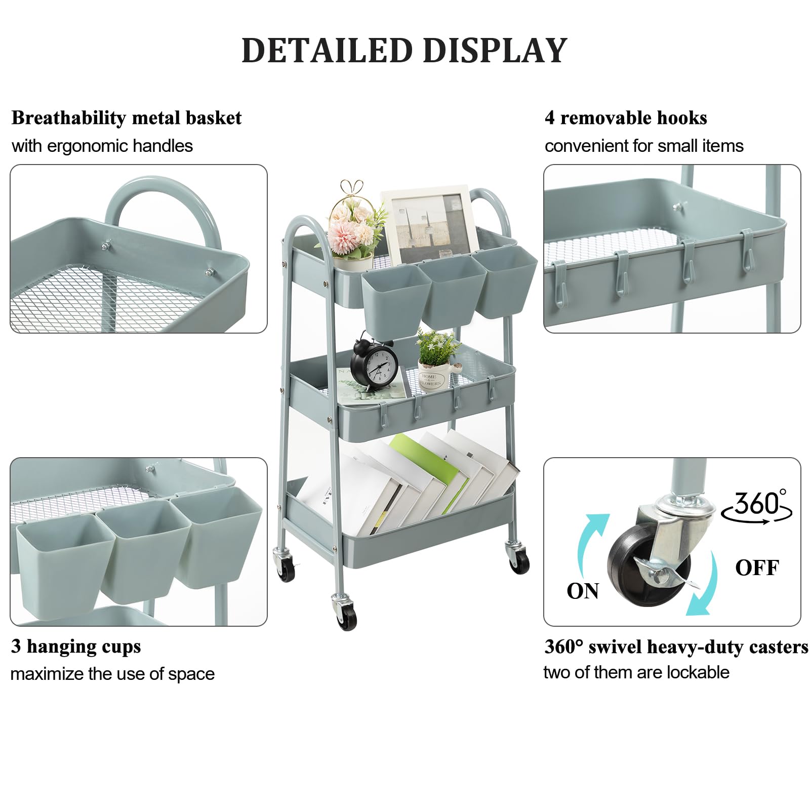 3-Tier Rolling Cart with Lockable Wheels & Hanging Hooks - Metal Storage Cart for Kitchen, Bathroom, Office & Workshop - Mobile Utility Cart in Gray Blue - Perfect for Organizing Supplies, Beauty Products & Cleaning Tools