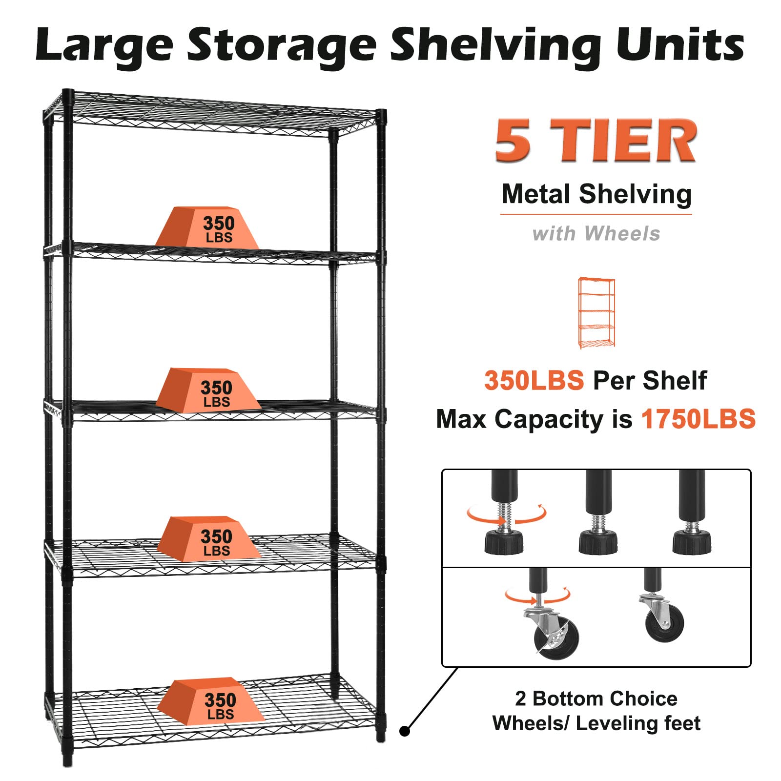 5-Tier Heavy Duty Metal Shelving Unit with Wheels - Adjustable NSF Wire Storage Rack for Kitchen, Garage & Warehouse - 350lbs Capacity Per Shelf (36